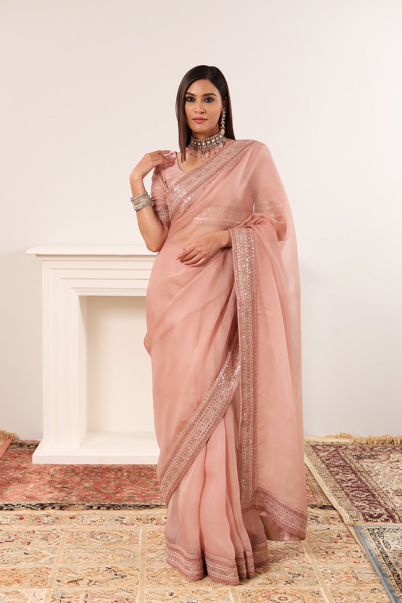 Dusty-Pink Embroidered Pure Silk-Organza Saree-Blouse Set