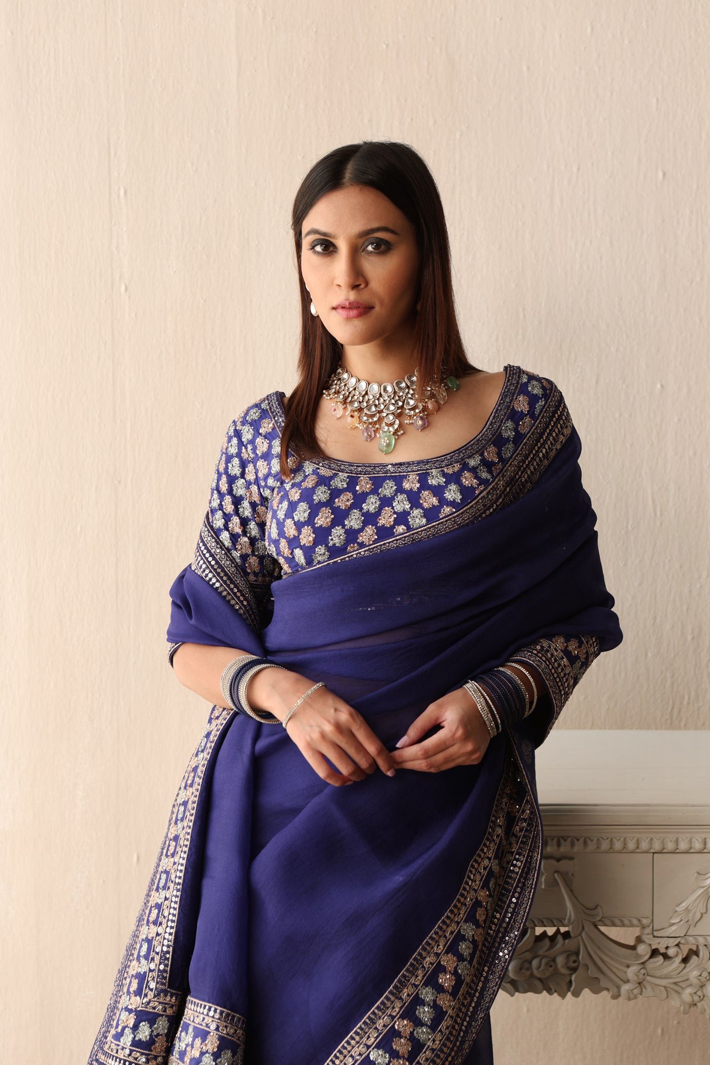 ROYAL-BLUE HAND-EMBROIDERED PURE SILK-ORGANZA SAREE WITH PURE CREPE BLOUSE SET