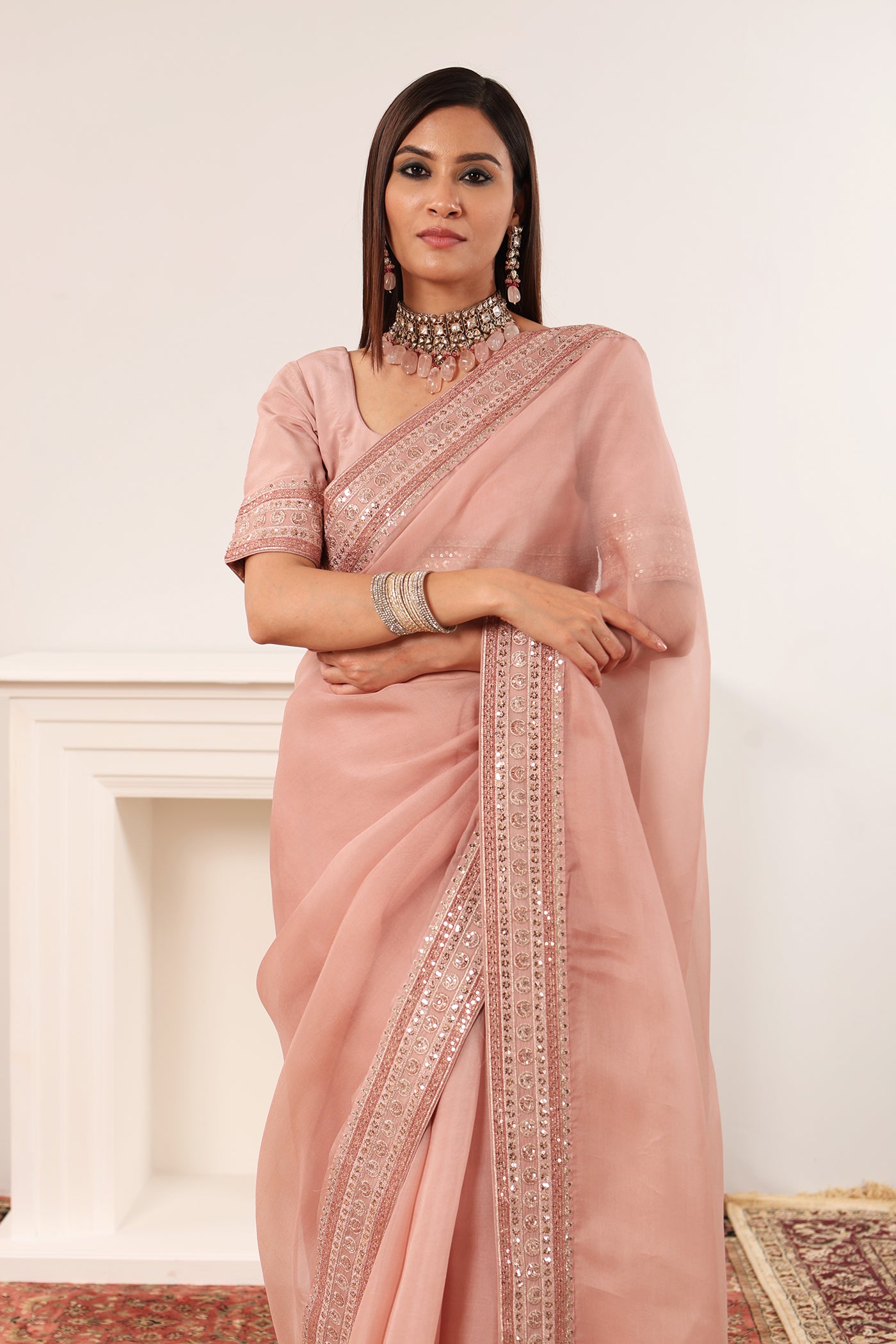 Dusty-Pink Embroidered Pure Silk-Organza Saree-Blouse Set