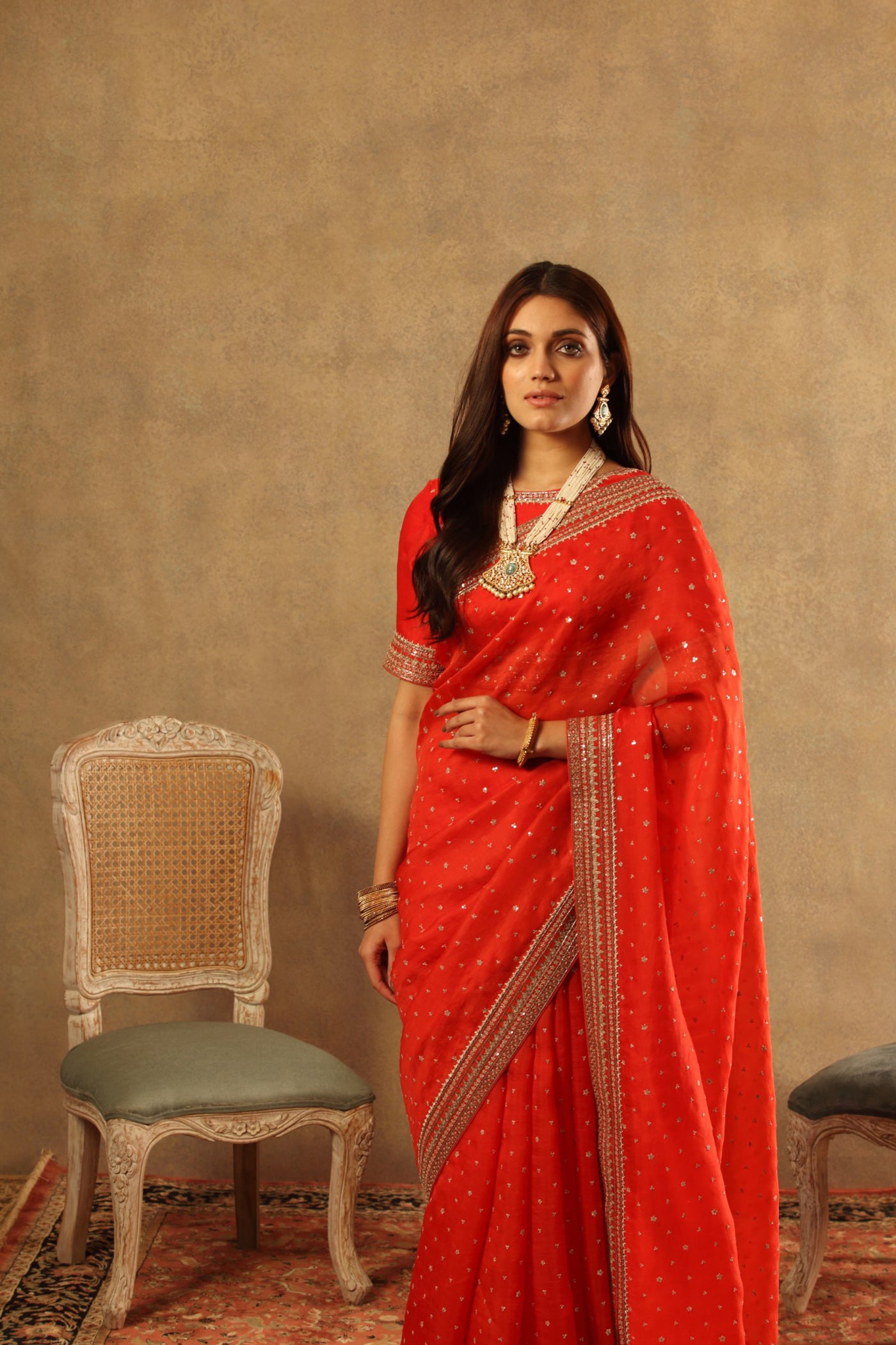 Hand Embroidered Deep Red Pure Silk Organza Saree Blouse Set