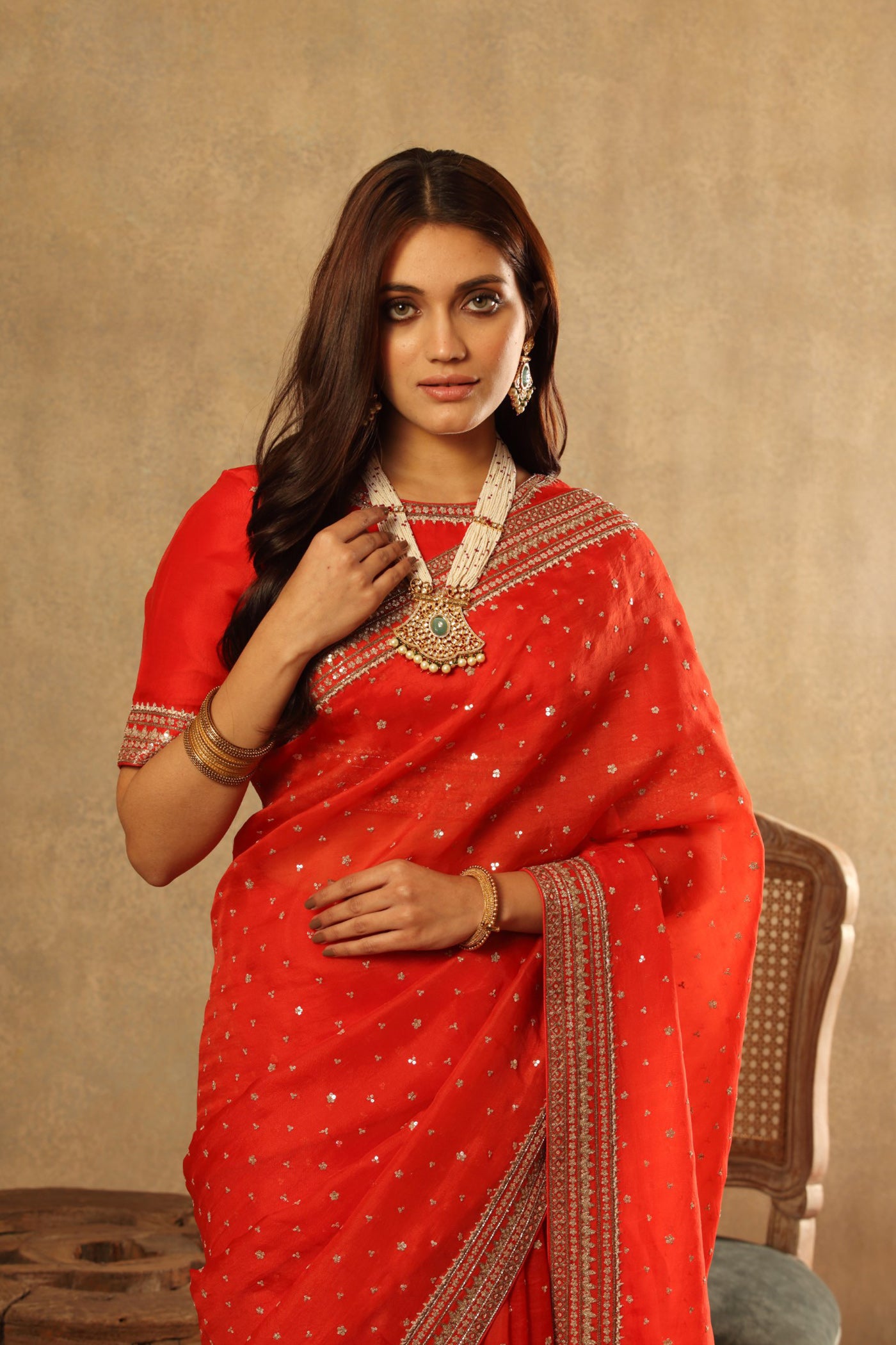 Hand Embroidered Deep Red Pure Silk Organza Saree Blouse Set