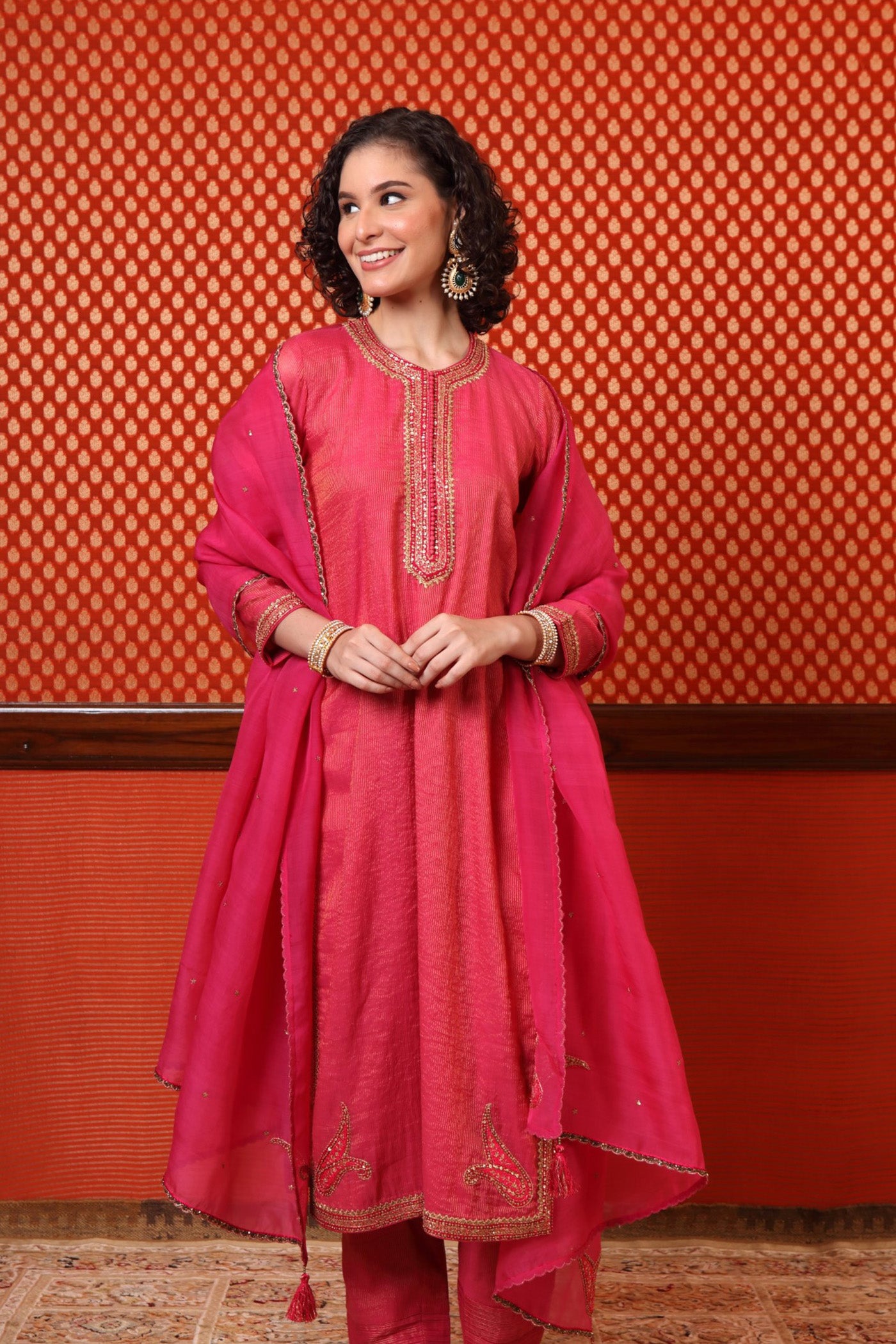 Hand Embroidered Fuchsia Rose Pure Silk Cotton Kurta Pants Set