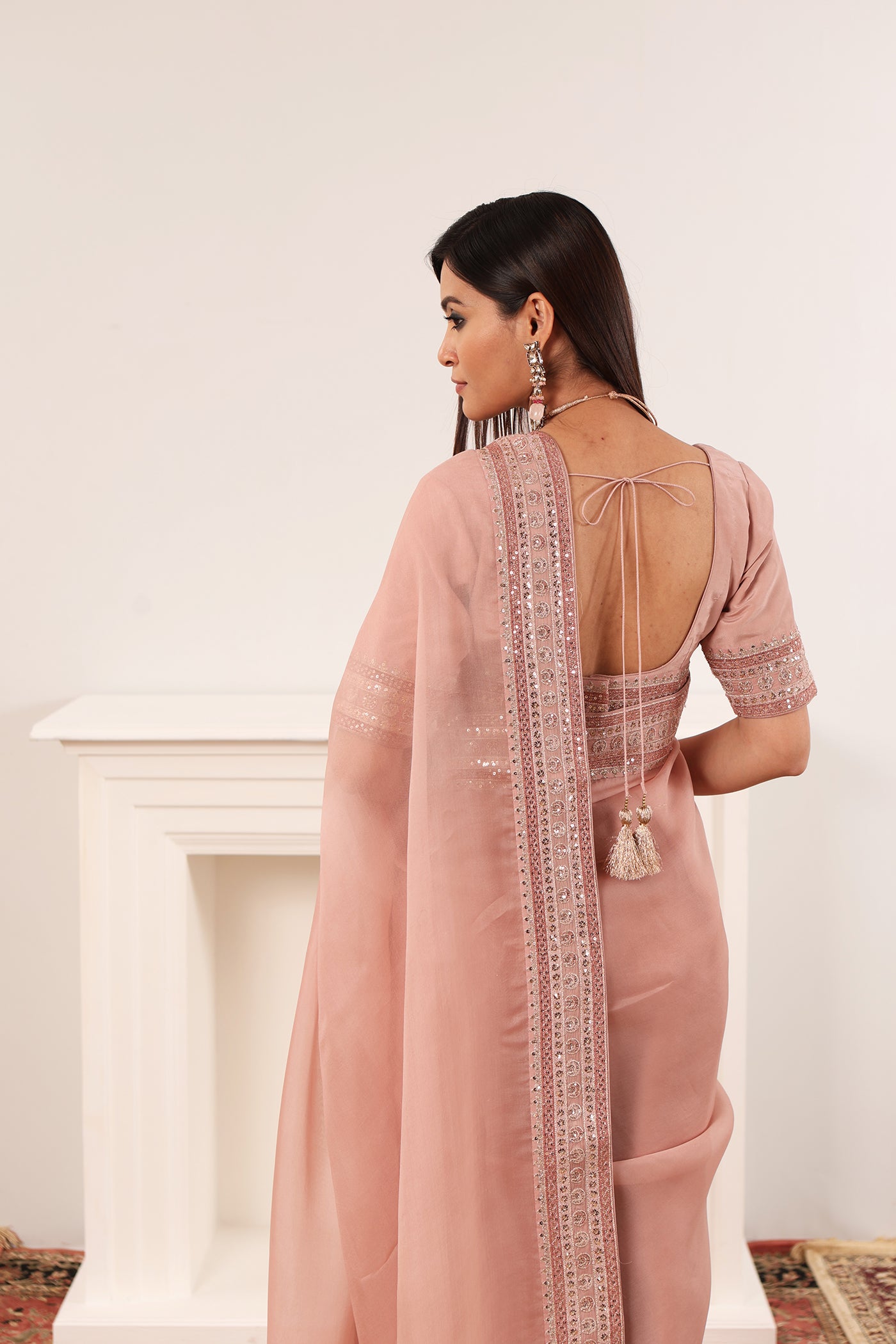 Dusty-Pink Embroidered Pure Silk-Organza Saree-Blouse Set