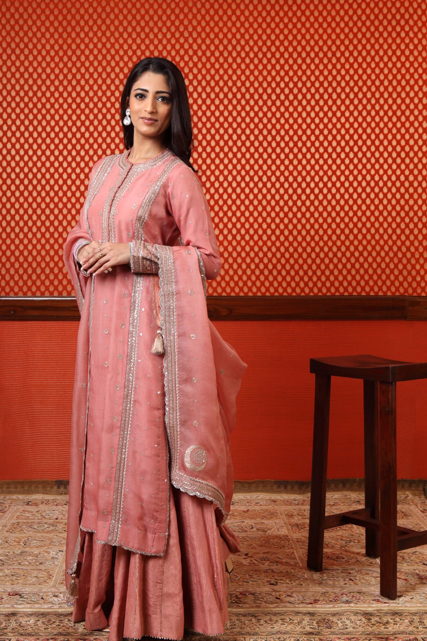 Hand Embroidered Bubblegum Pink Pure Katan Silk Kurta Sharara Set