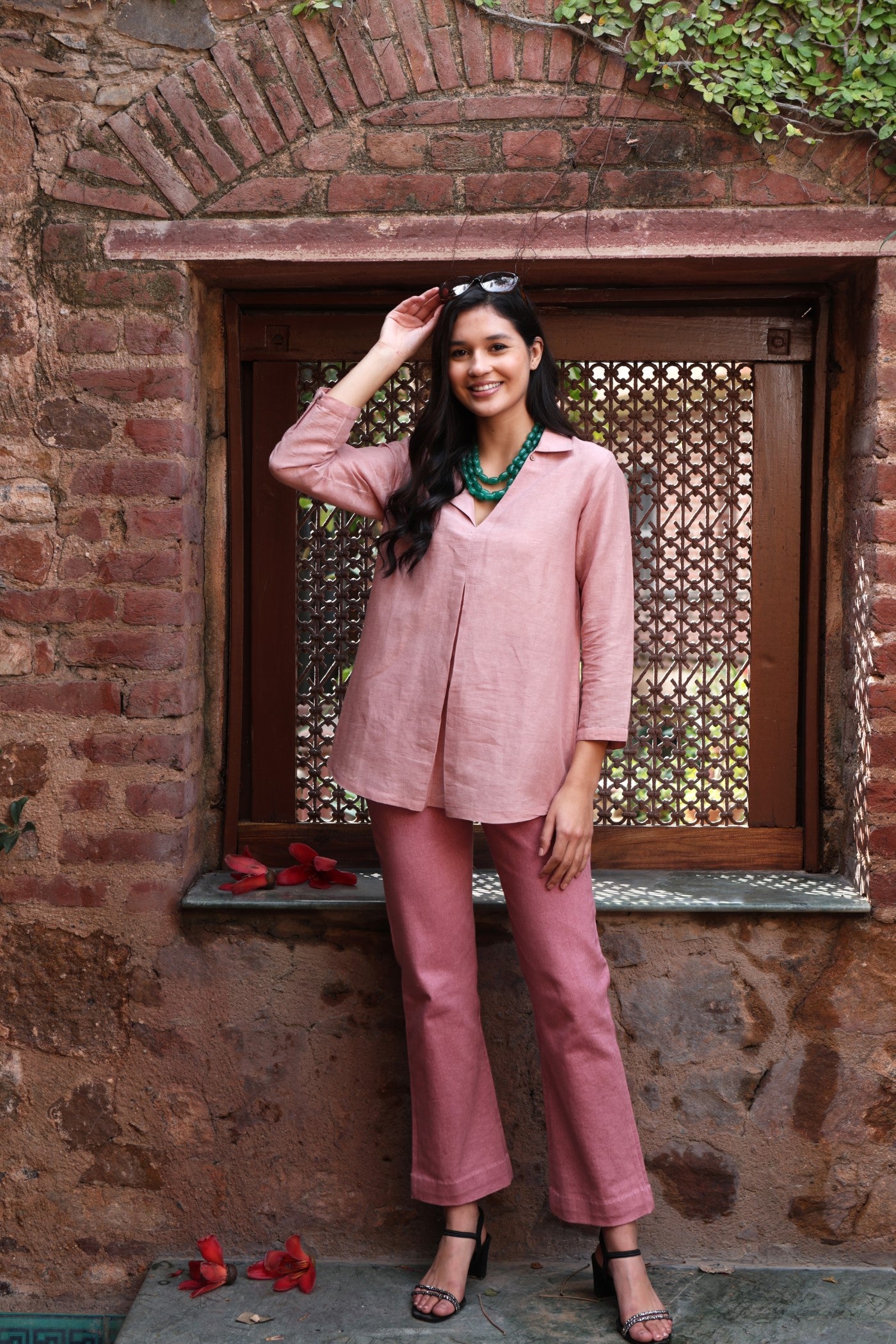 Dusty-Pink Handloom Pure Linen-Cotton Collared Short Tunic