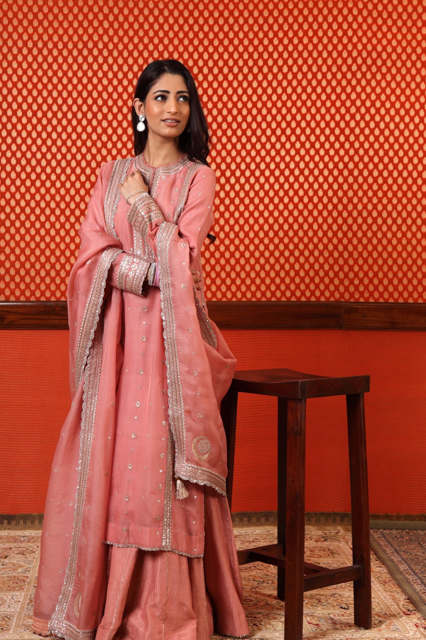 Hand Embroidered Bubblegum Pink Pure Katan Silk Kurta Sharara Set