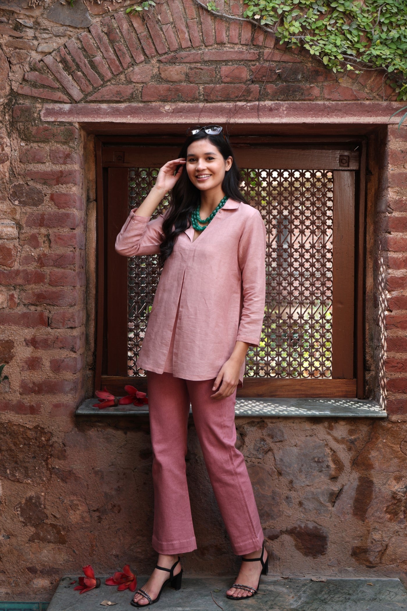 Dusty-Pink Handloom Pure Linen-Cotton Collared Short Tunic