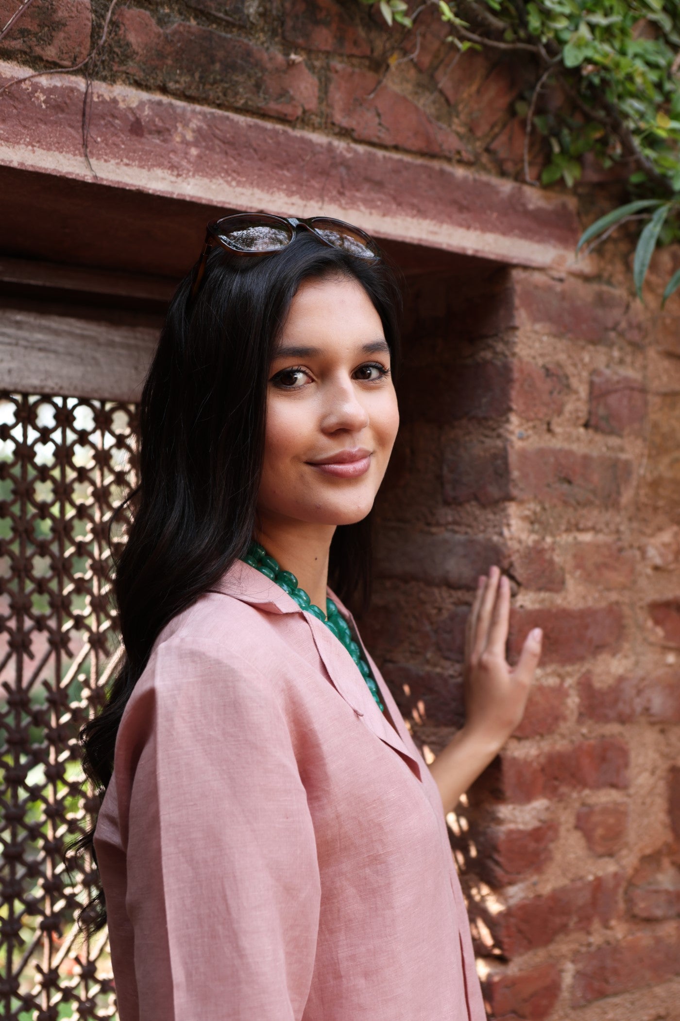 Dusty-Pink Handloom Pure Linen-Cotton Collared Short Tunic