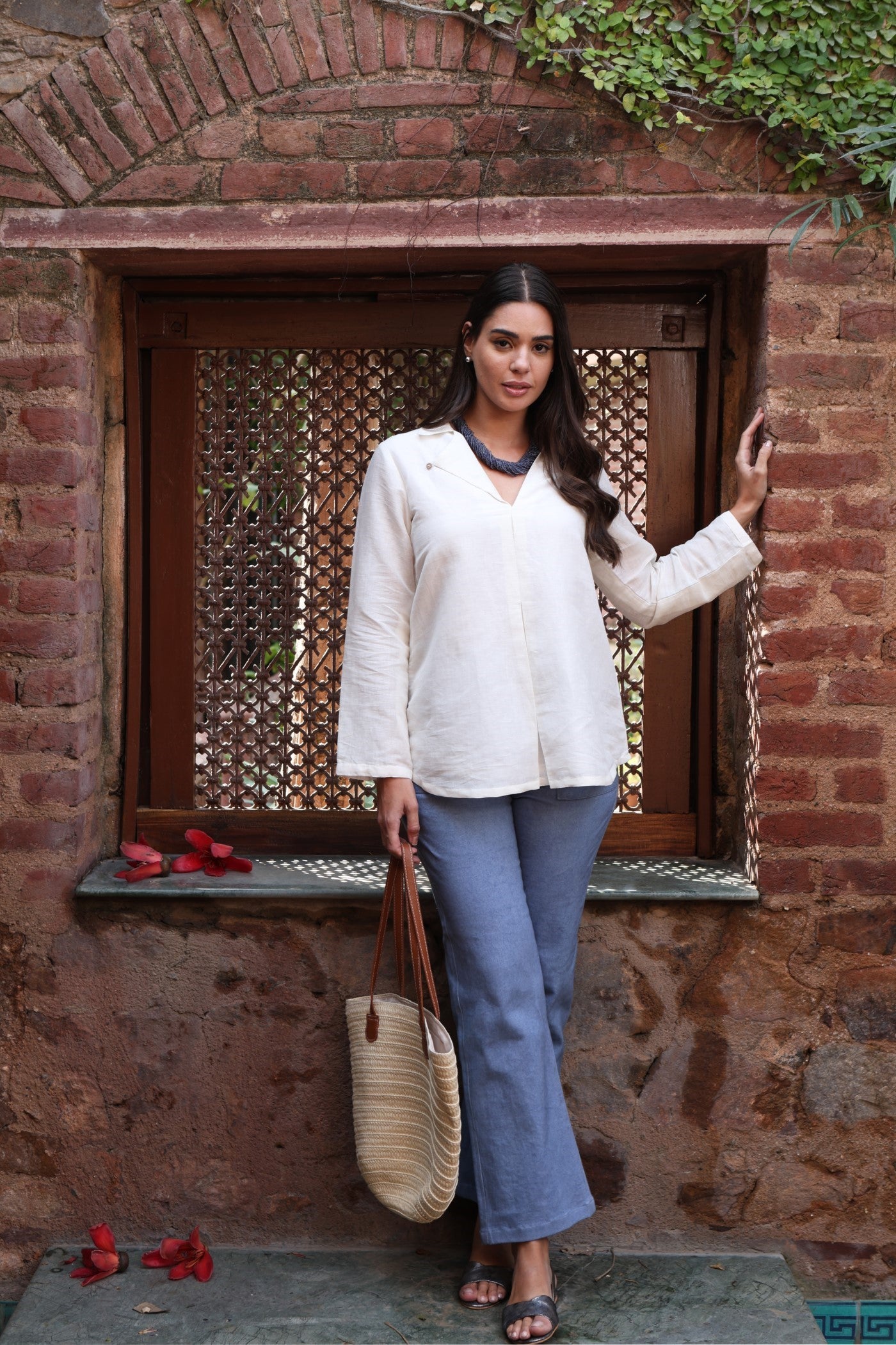 Ivory Handloom Pure Linen-Cotton Collared Short Tunic