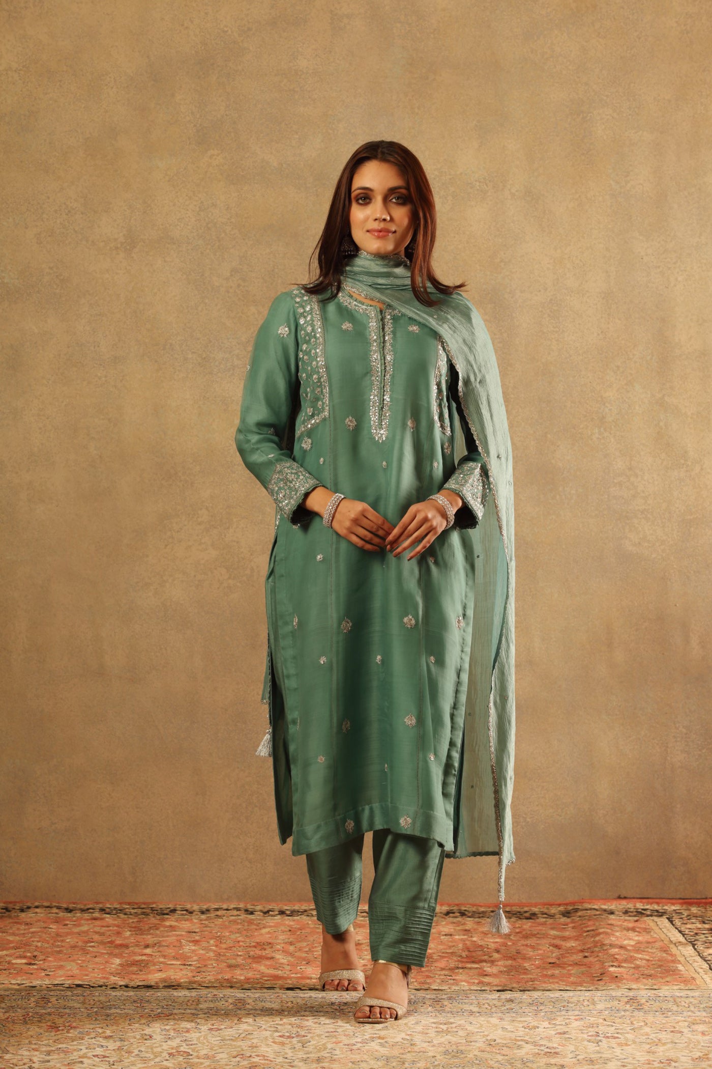 Hand Embroidered Turquoise Blue Pure Katan Silk Kurta Pants Set