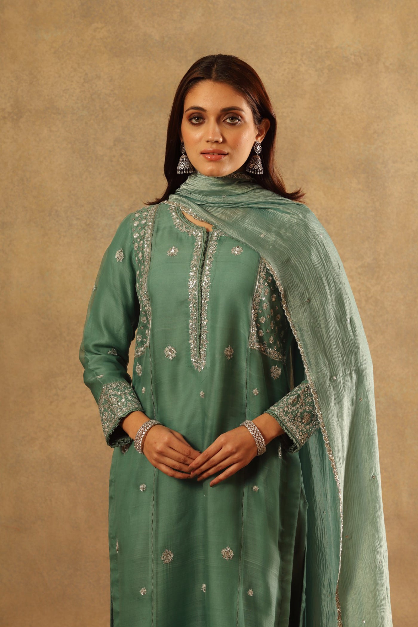 Hand Embroidered Turquoise Blue Pure Katan Silk Kurta Pants Set