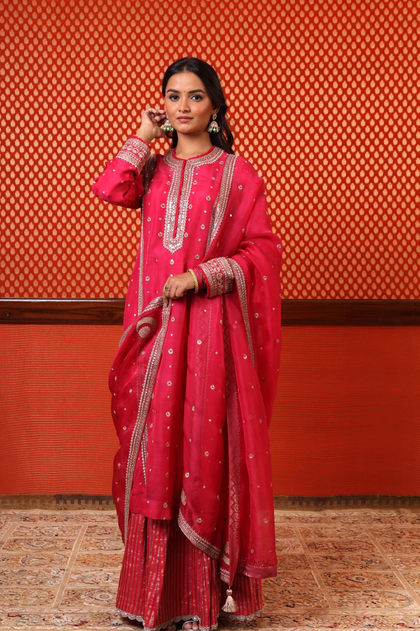 Hand Embroidered Bright Rani Pink Pure Katan Silk Chand Buta Kurta Sharara Set