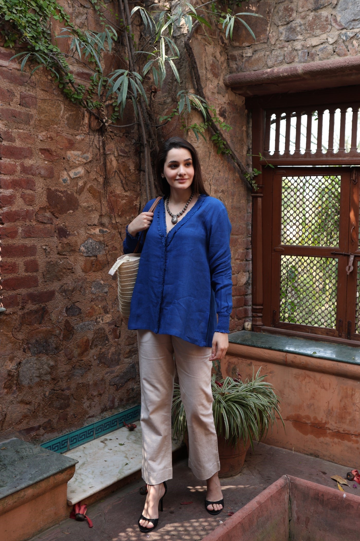 Royal-Blue Pure Linen Front-Open Short Blouse With Frilled Nekline & Smocked Cuffs