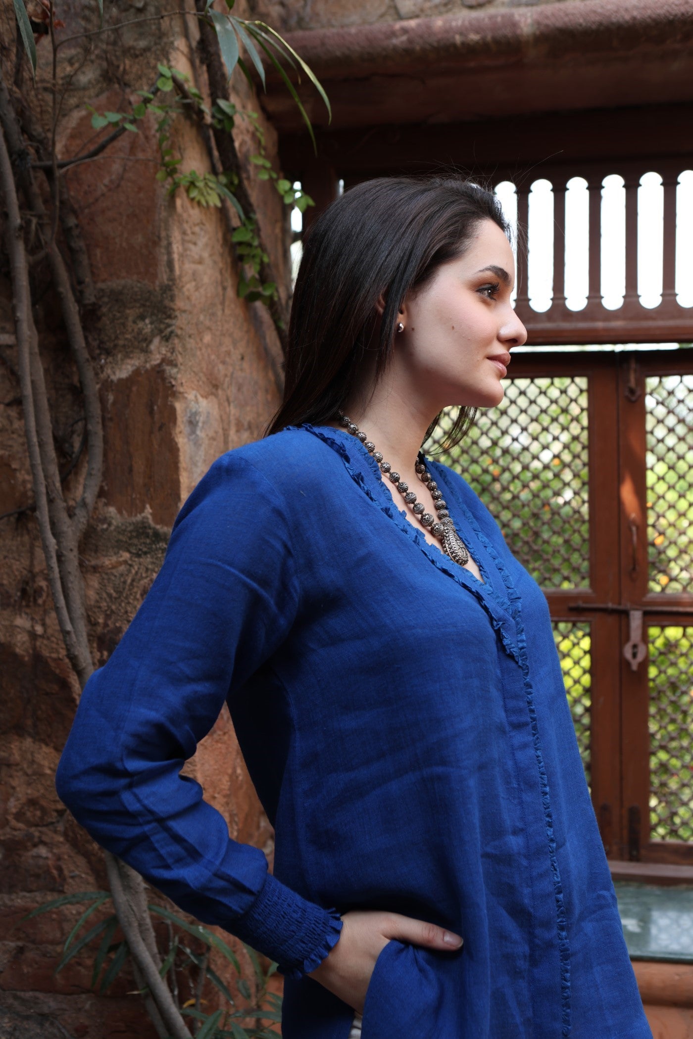 Royal-Blue Pure Linen Front-Open Short Blouse With Frilled Nekline & Smocked Cuffs