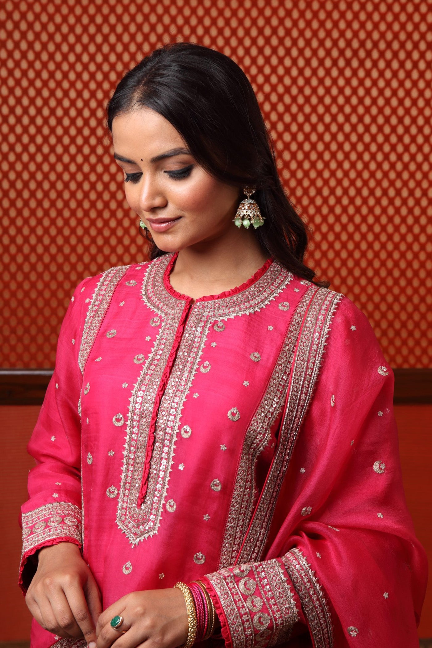 Hand Embroidered Bright Rani Pink Pure Katan Silk Chand Buta Kurta Sharara Set