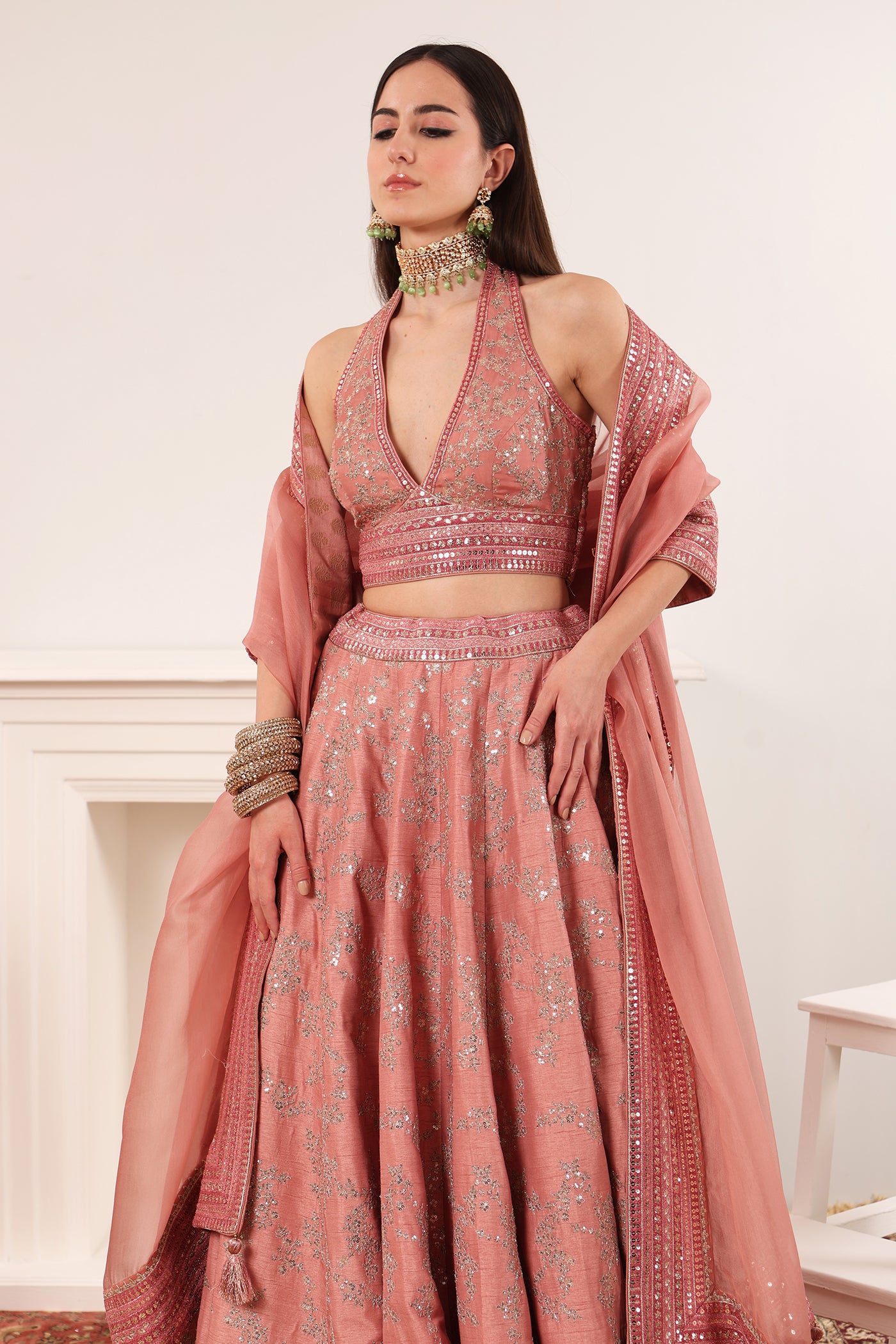 Priya Banerjee in Dusty-Pink Embroidered Raw-Silk Lehenga- Set With Pure Crepe-Silk Blouse & Pure Silk- Organza Dupatta