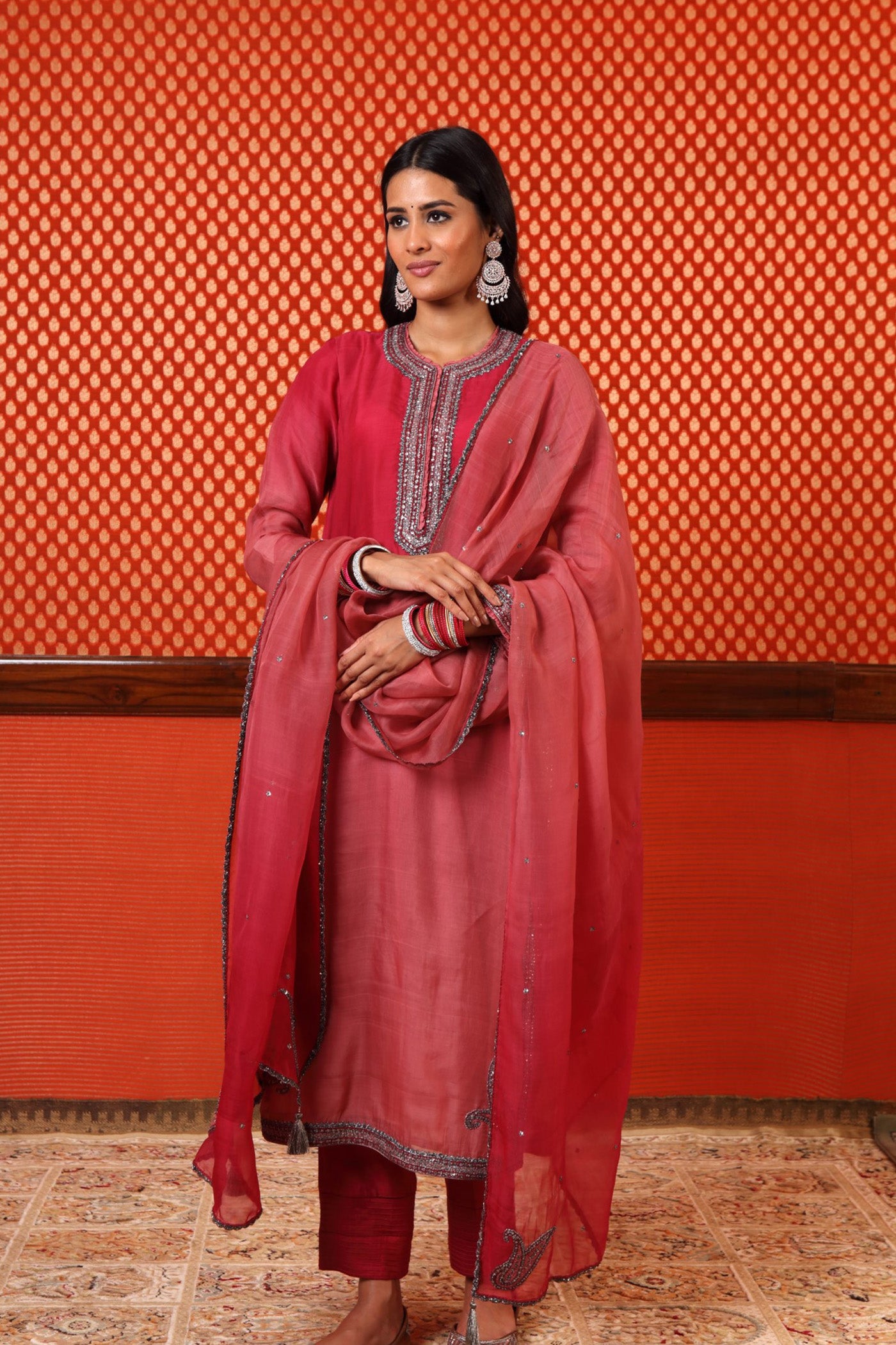 Hand Embroidered Ombre Wine Coloured Pure Katan Silk Kurta Pants Set