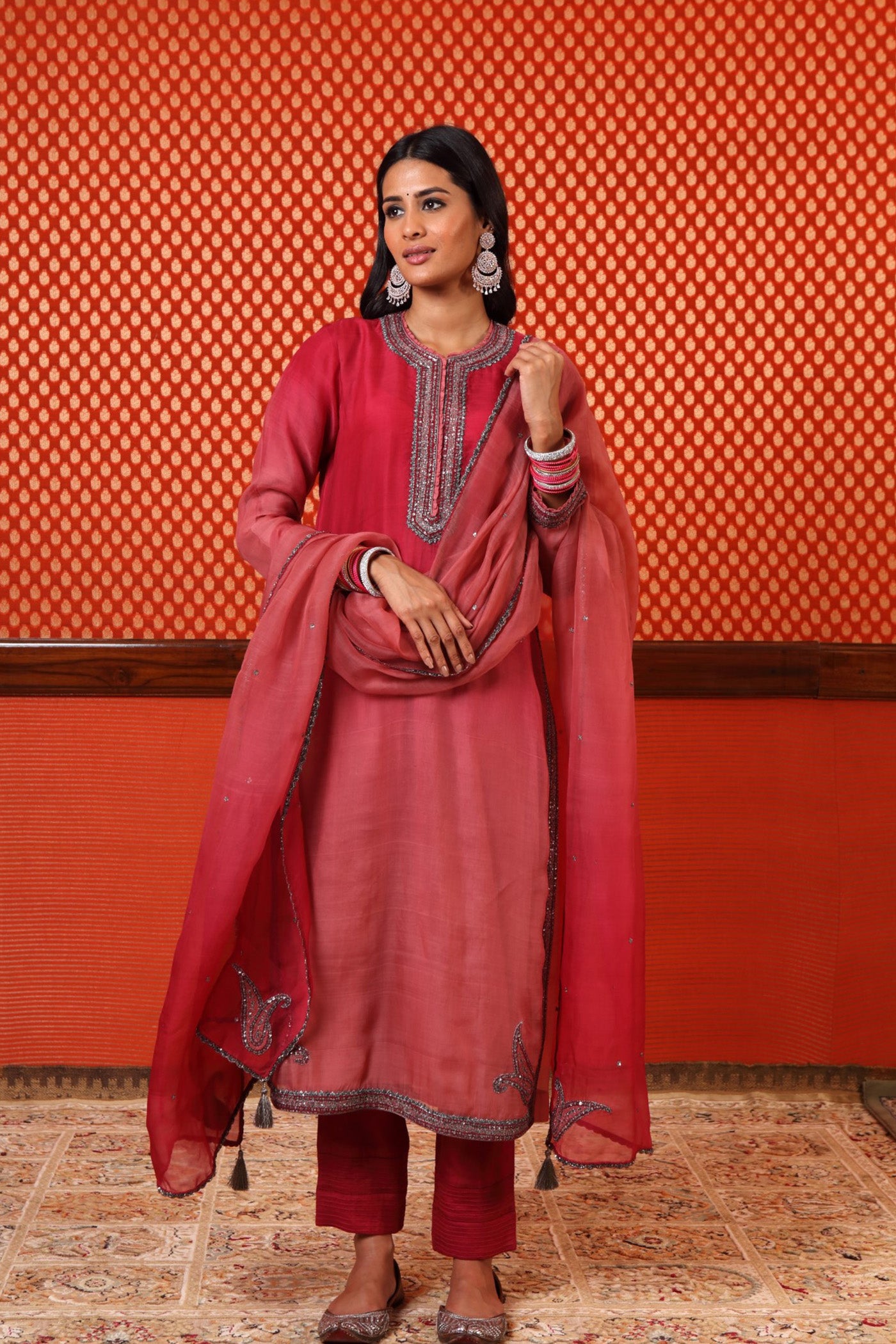 Hand Embroidered Ombre Wine Coloured Pure Katan Silk Kurta Pants Set