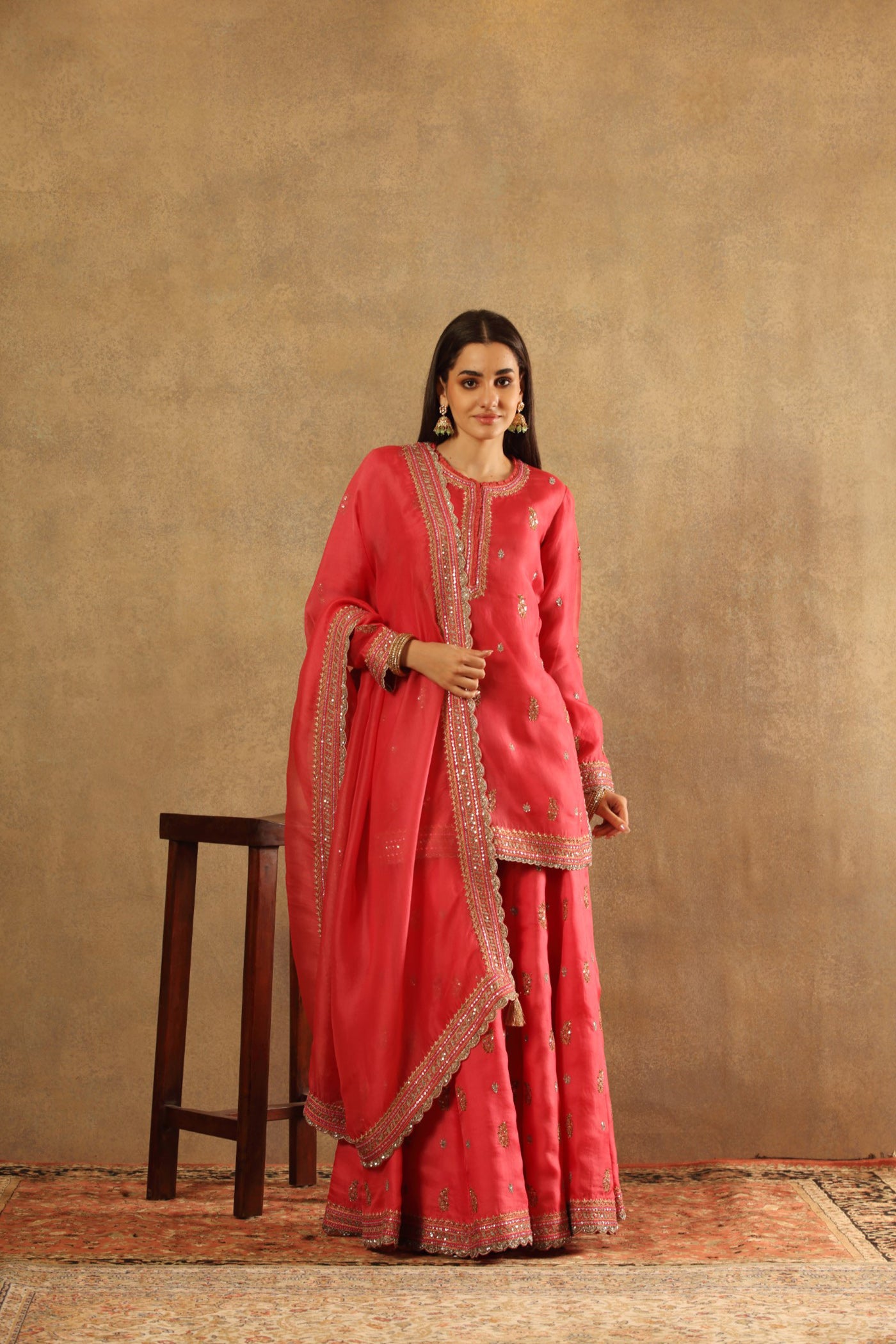 Hand Embroidered Virtual Pink Pure Katan Silk Kurta Sharara Set