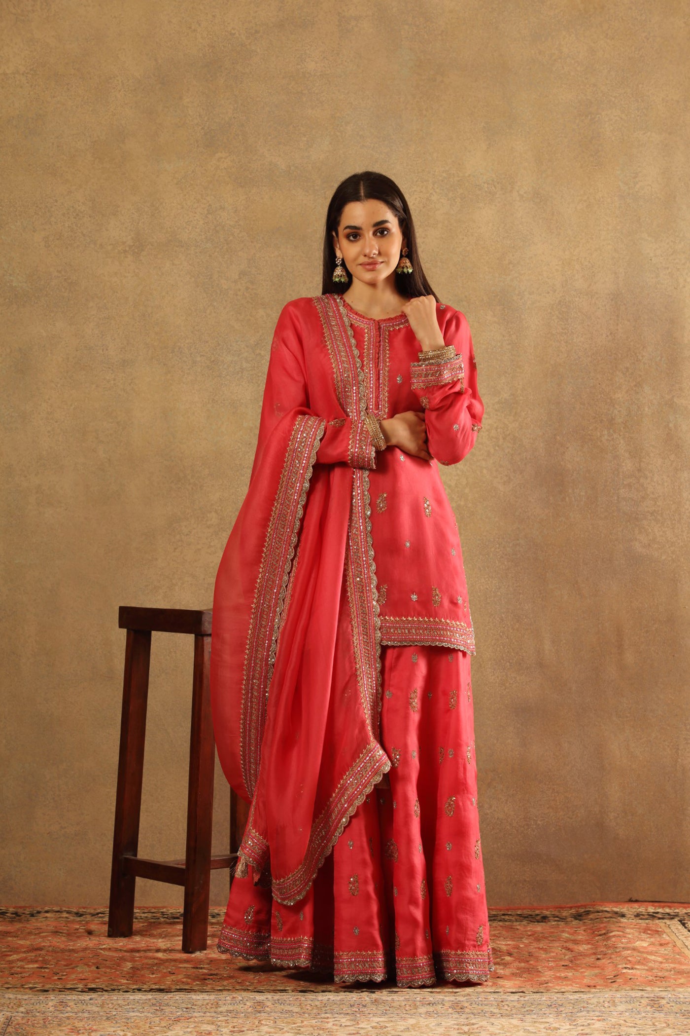 Hand Embroidered Virtual Pink Pure Katan Silk Kurta Sharara Set