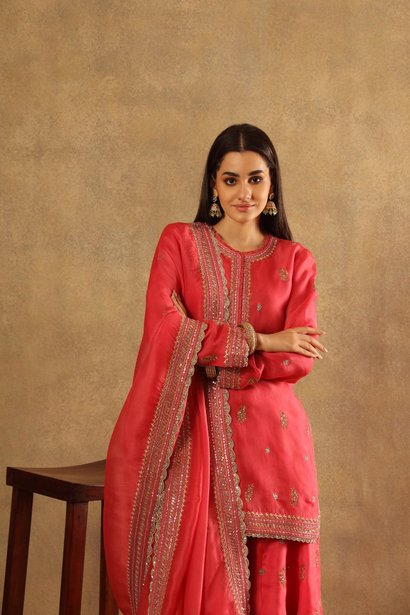 Hand Embroidered Virtual Pink Pure Katan Silk Kurta Sharara Set