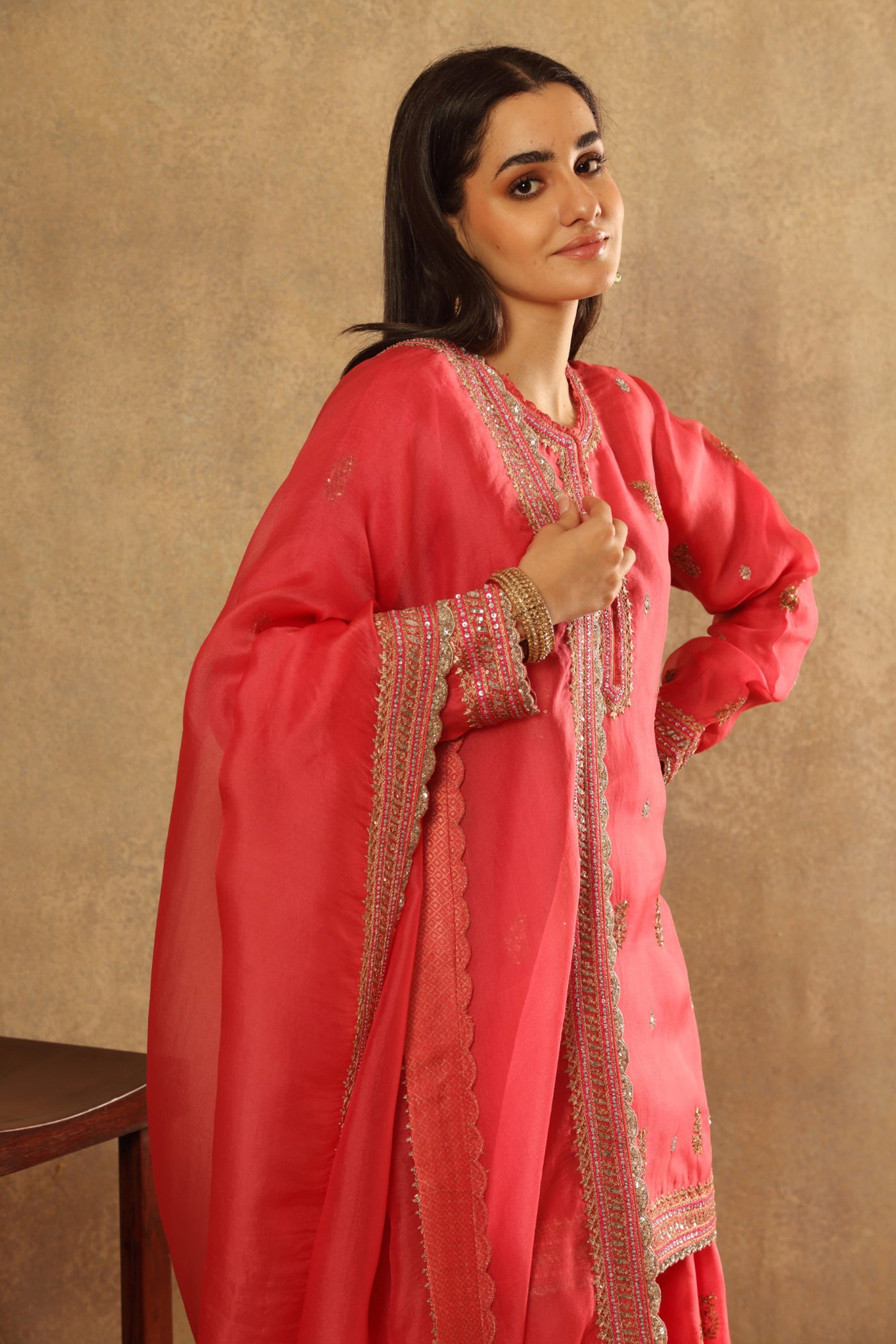 Hand Embroidered Virtual Pink Pure Katan Silk Kurta Sharara Set