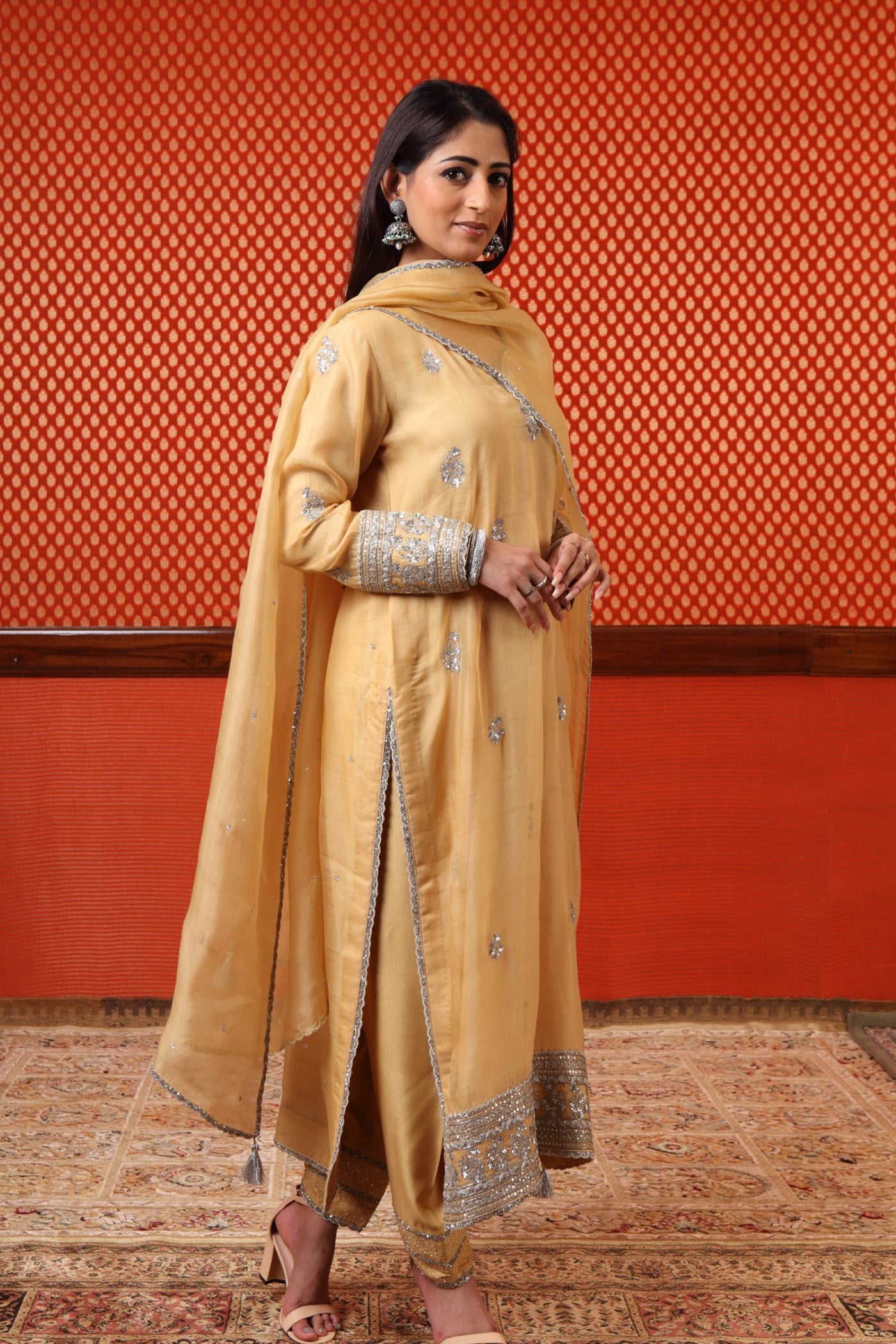 Hand Embroidered Pastel Yellow Pure Katan Silk Kurta Salwar Set