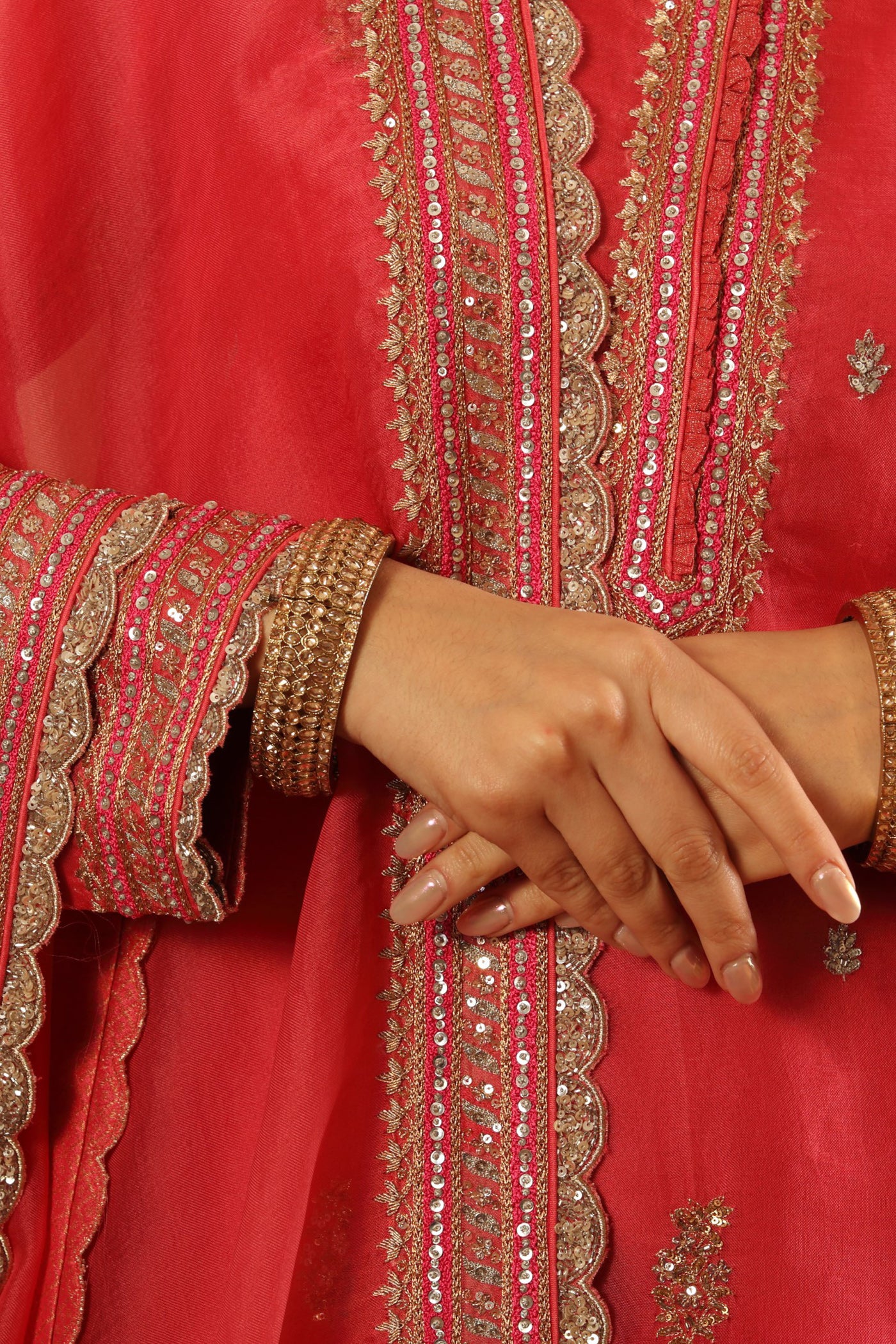 Hand Embroidered Virtual Pink Pure Katan Silk Kurta Sharara Set