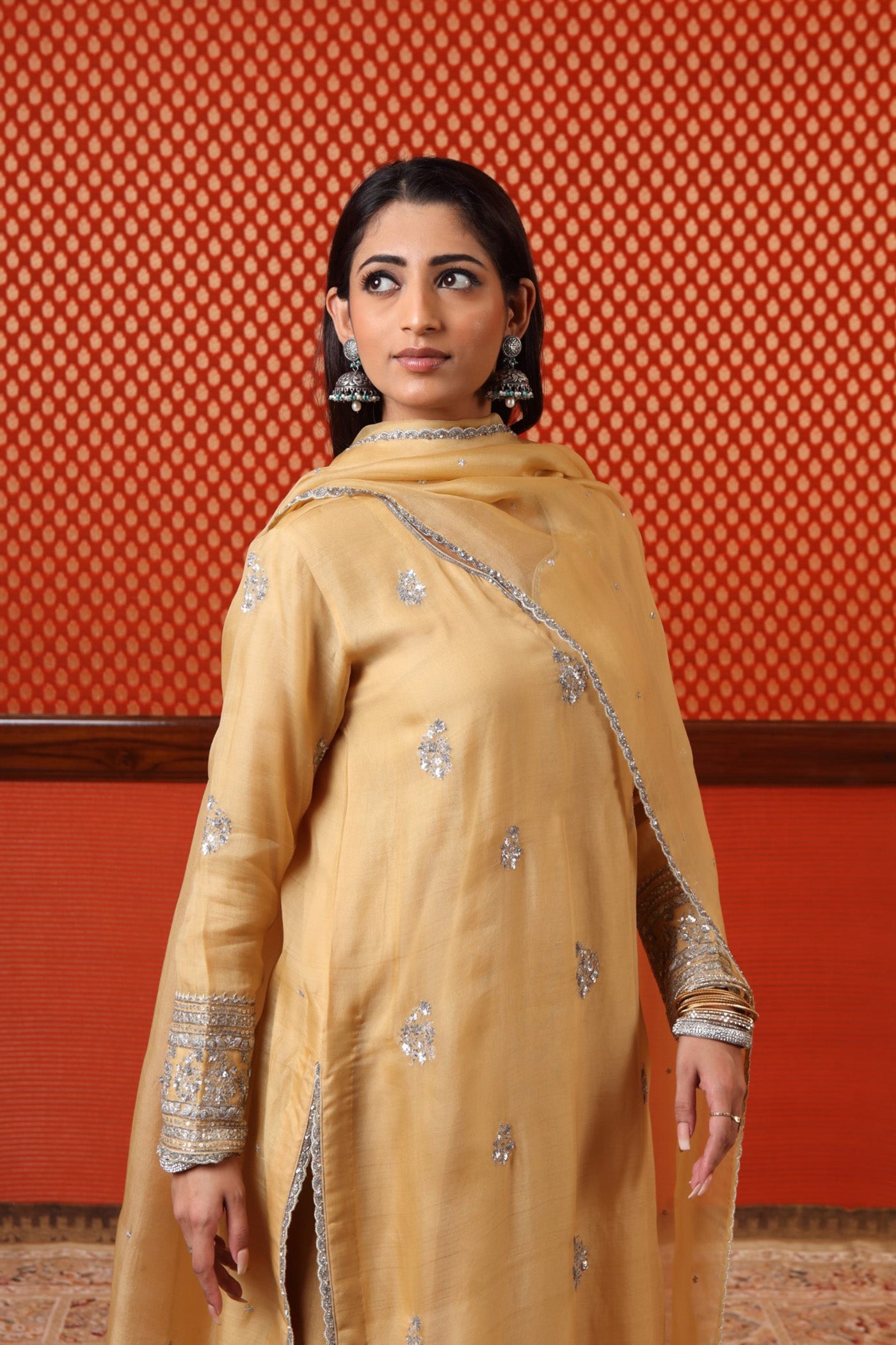 Hand Embroidered Pastel Yellow Pure Katan Silk Kurta Salwar Set