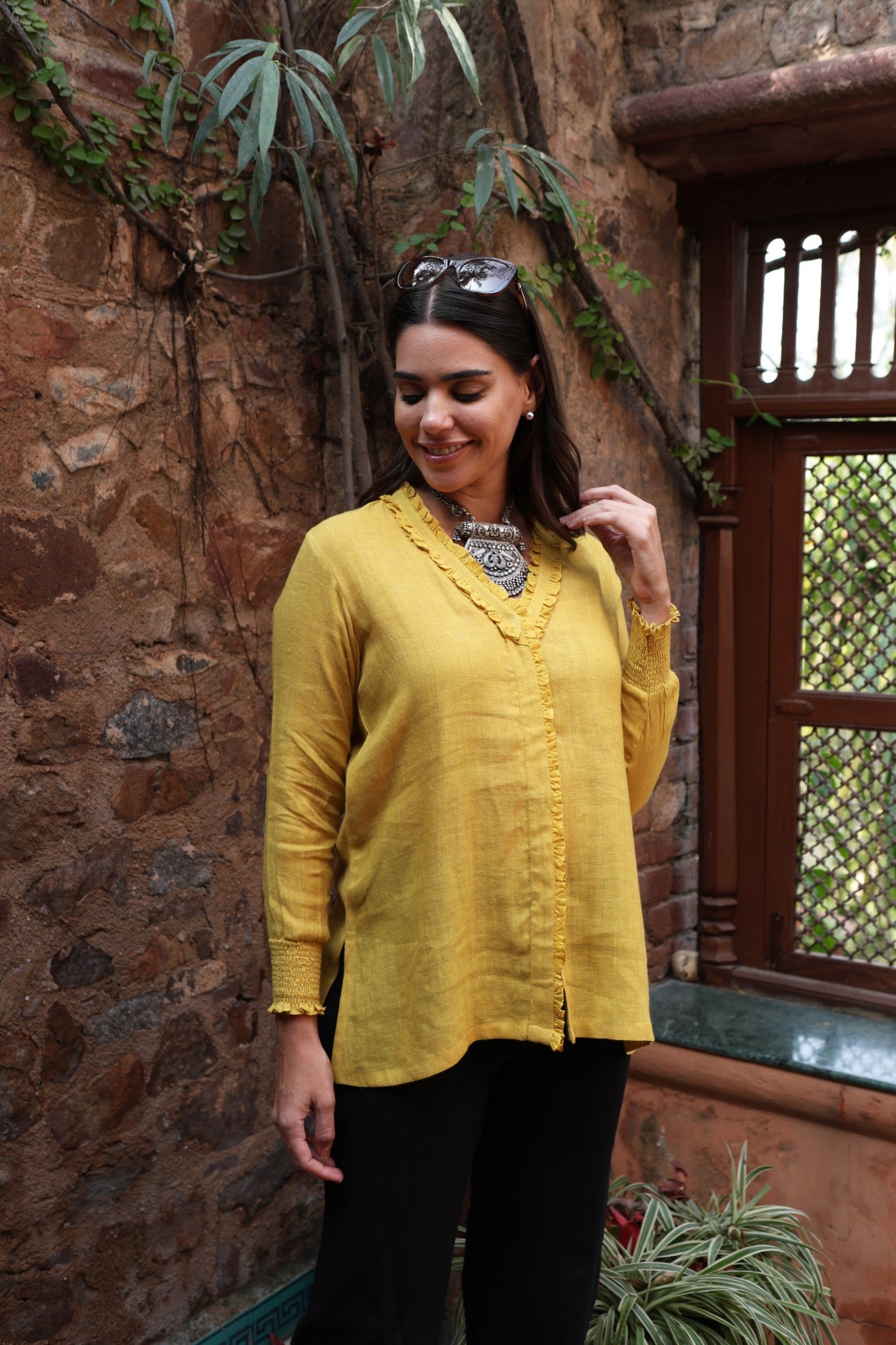 Dusty-Mustard Pure Linen Front-Open Short Blouse With Frilled Nekline & Smocked Cuffs
