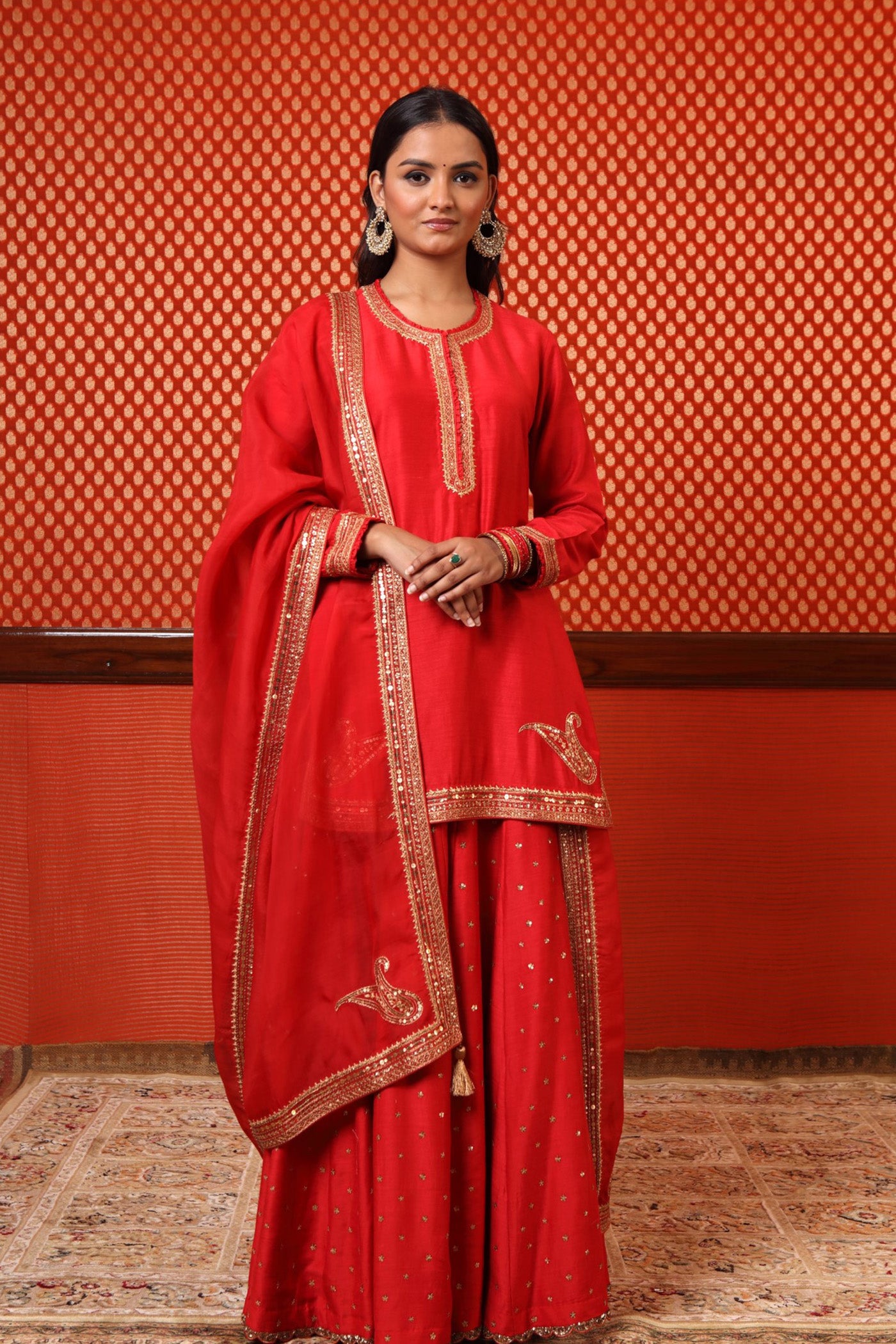 Hand Embroidered Tomato Red Pure Muga Silk Short Kurta Sharara Set