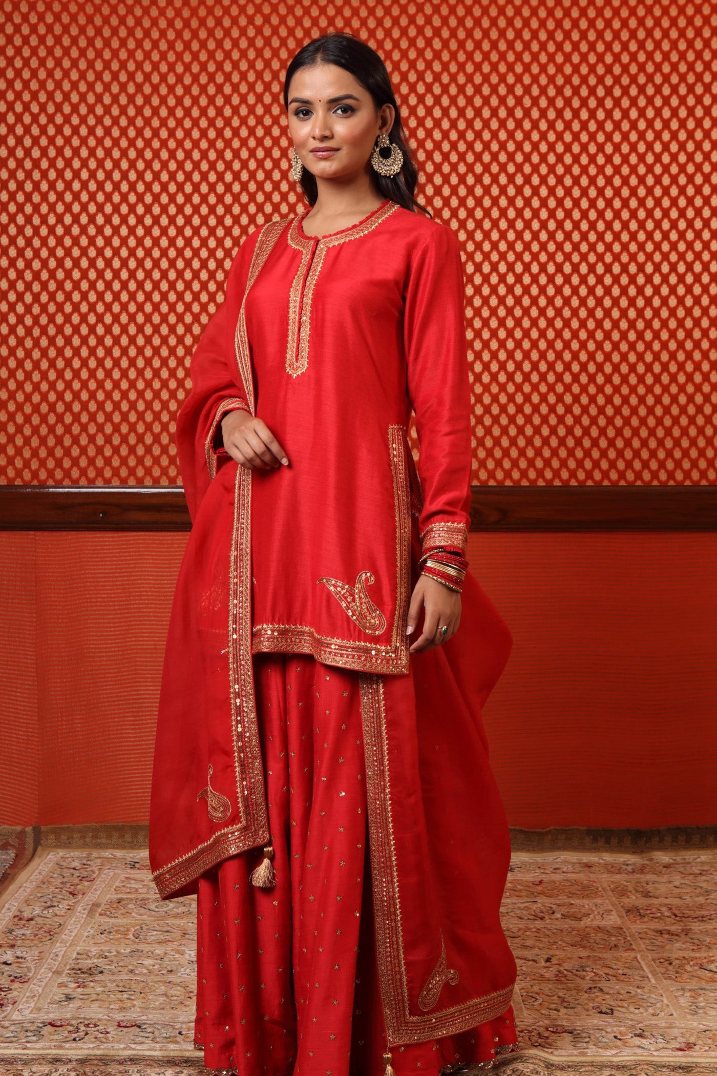 Hand Embroidered Tomato Red Pure Muga Silk Short Kurta Sharara Set