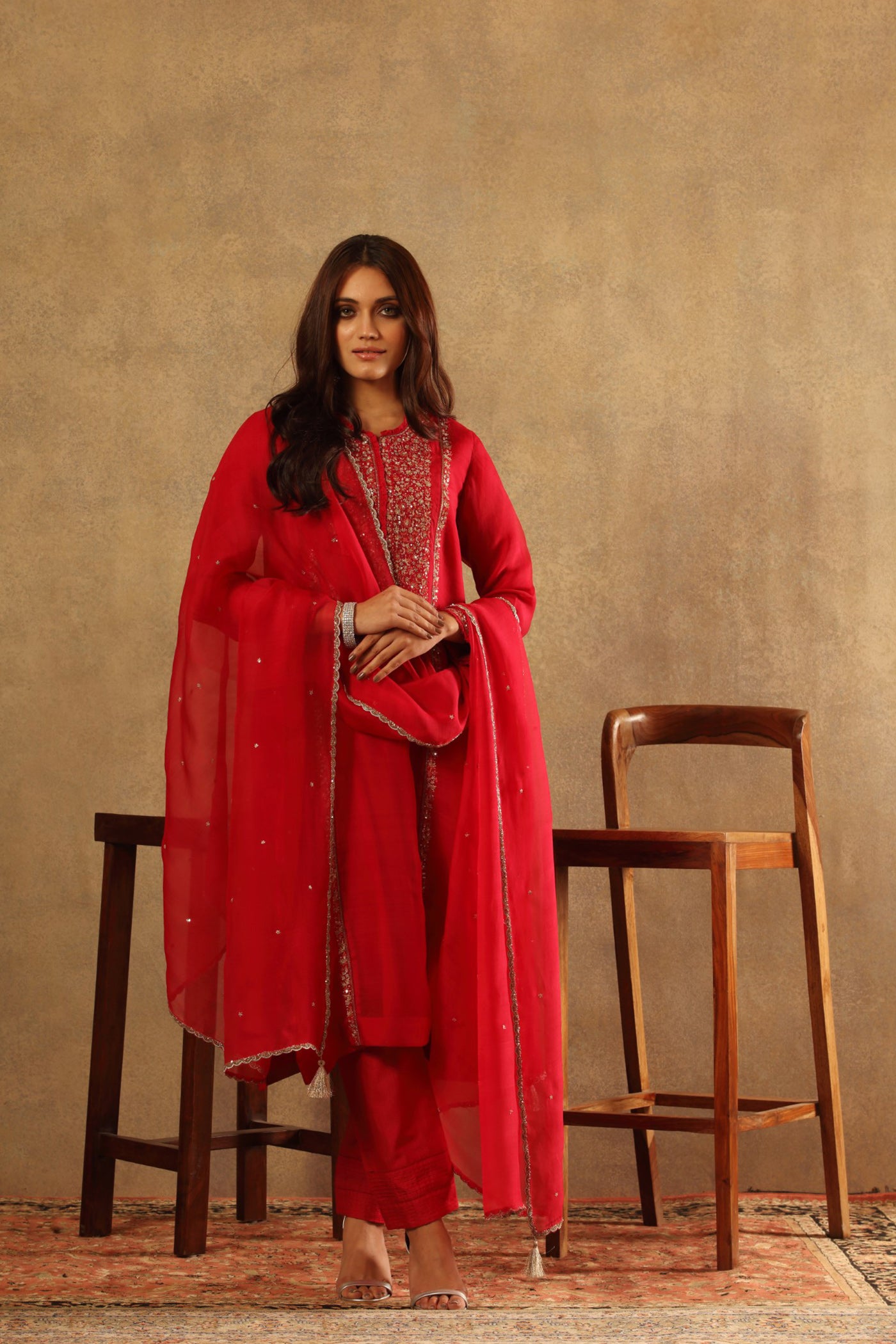 Hand Embroidered Vermillion Red Pure Silk Organza Kurta Pants Set