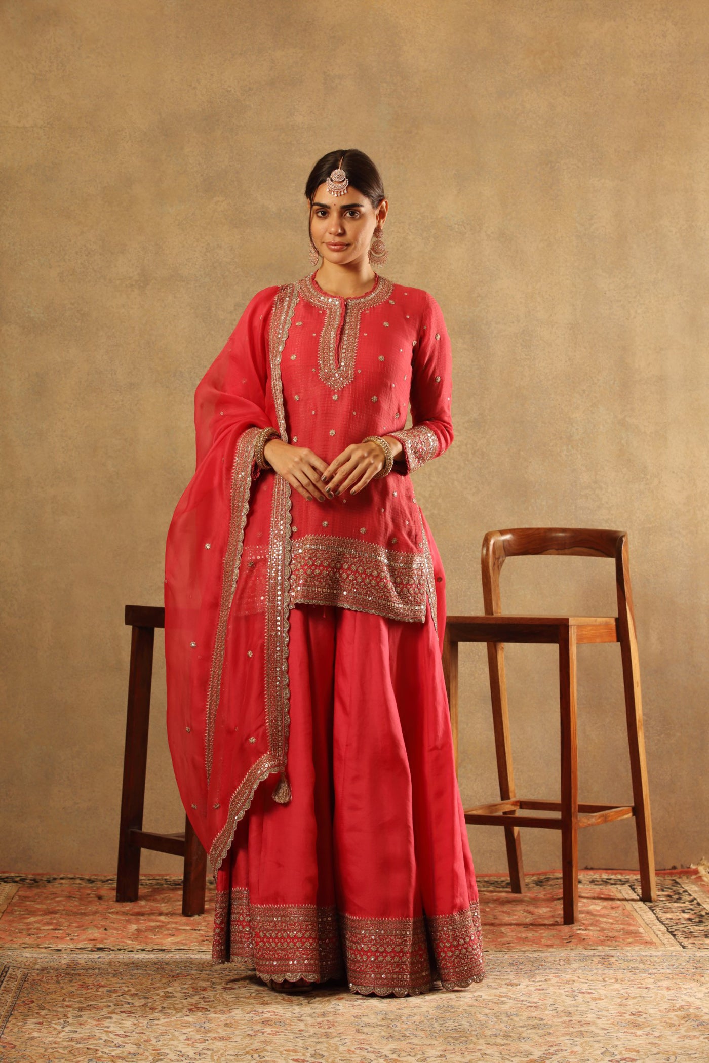 Hand Embroidered Fuchsia Rose Pure Silk Organza Short Kurta Sharara Set