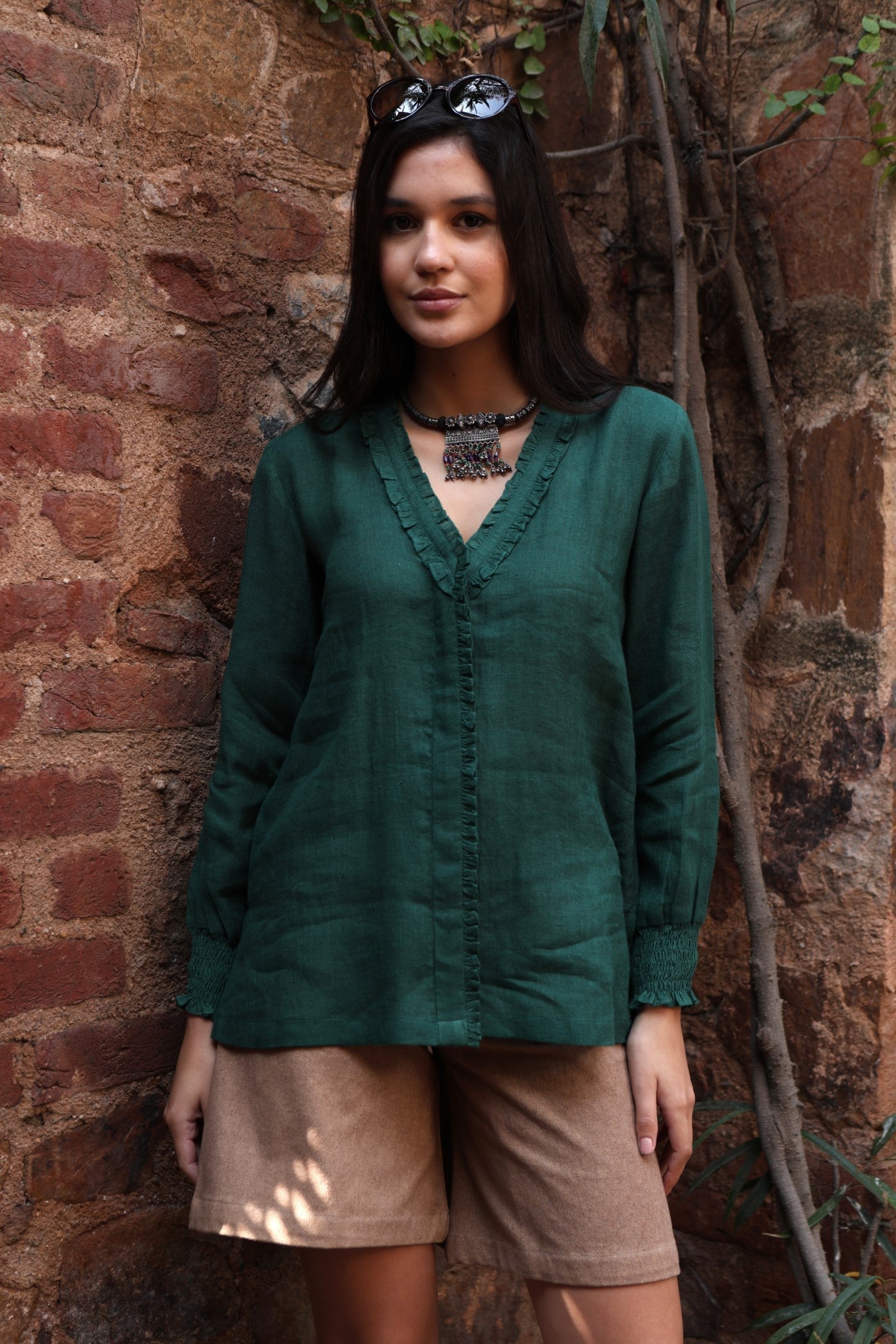 Bottle-Green Pure Linen Front-Open Short Blouse With Frilled Nekline & Smocked Cuffs