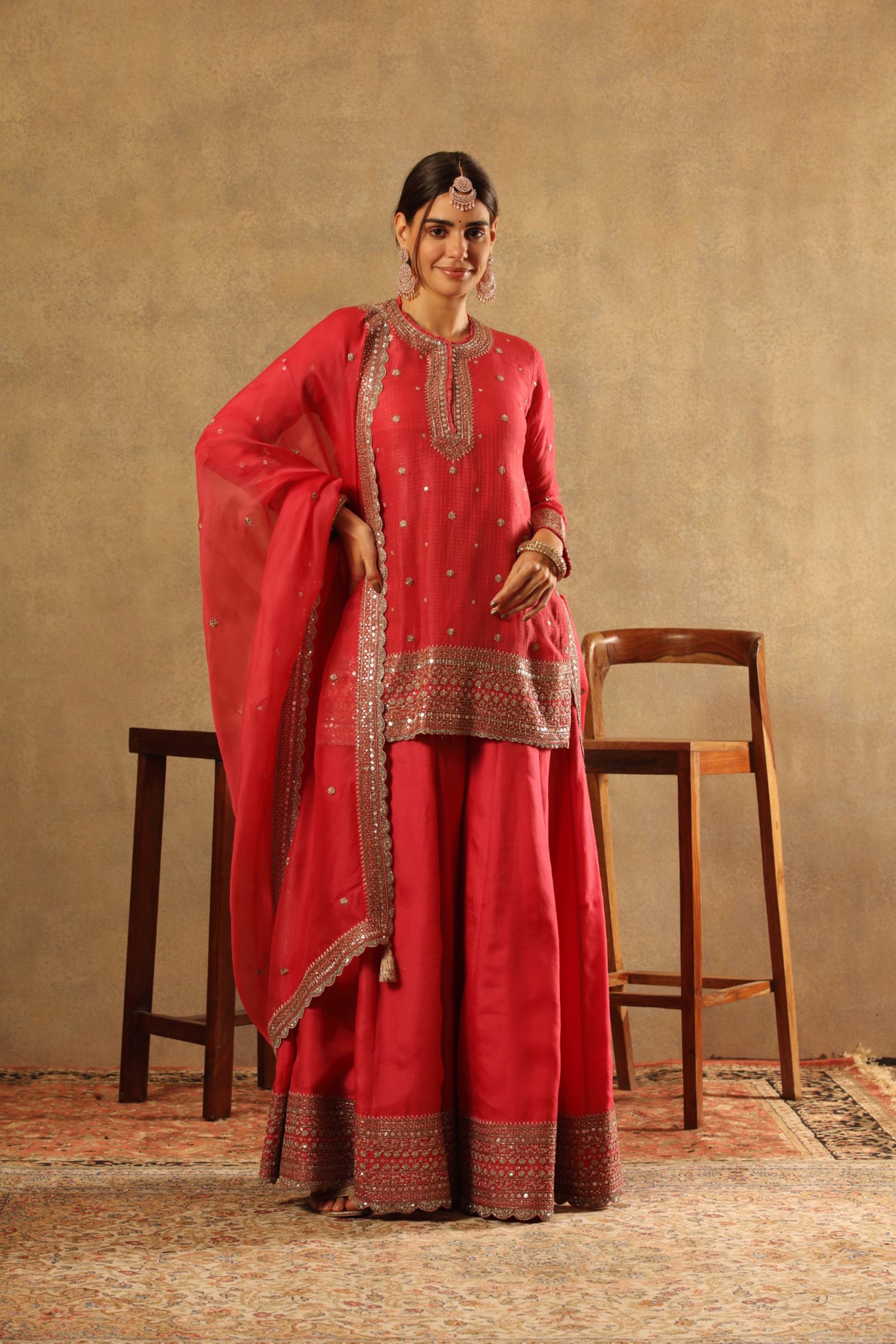 Hand Embroidered Fuchsia Rose Pure Silk Organza Short Kurta Sharara Set