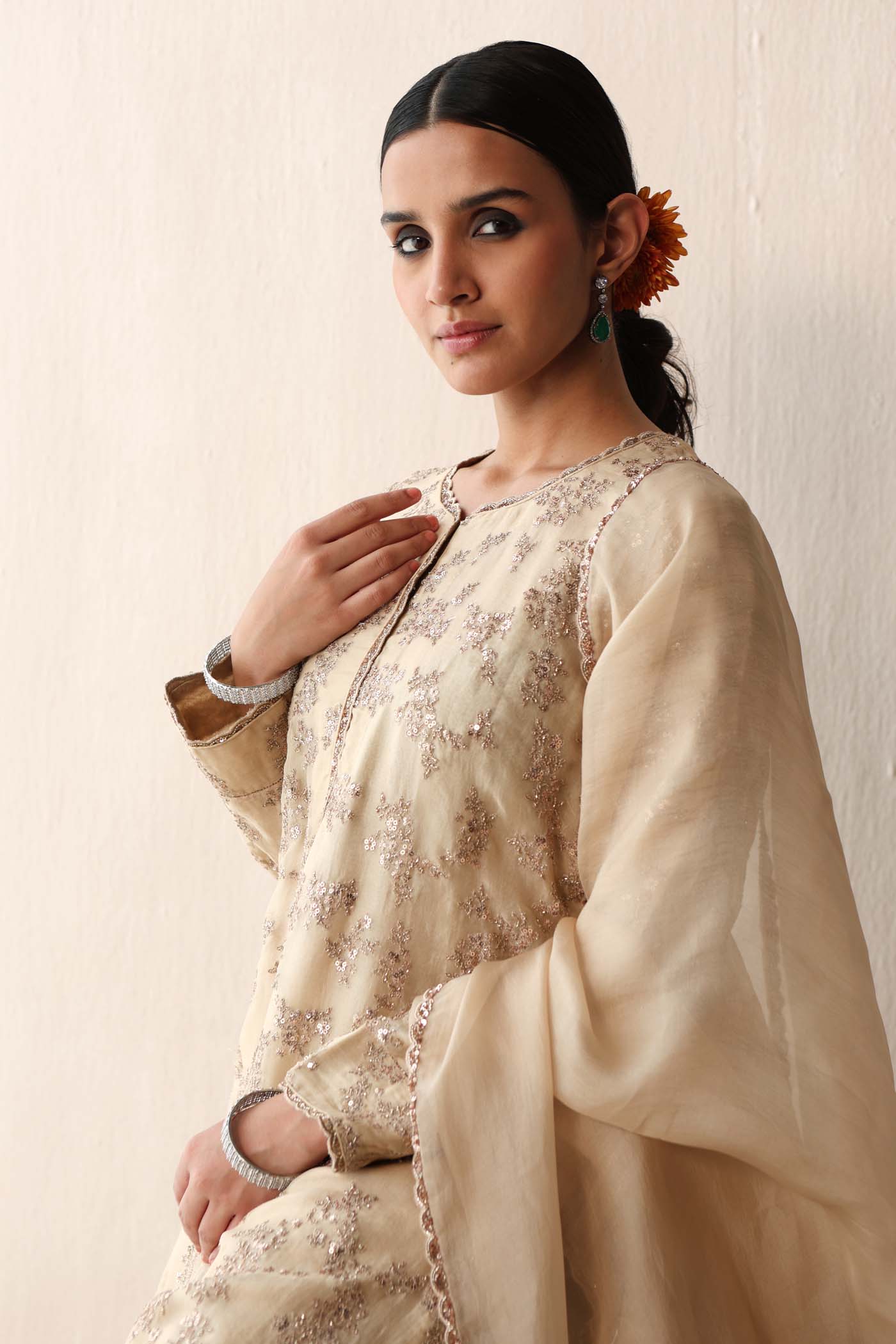 Ivory-Cream Hand-Embroidered Pure Silk-Organza Kurta-Pants Set