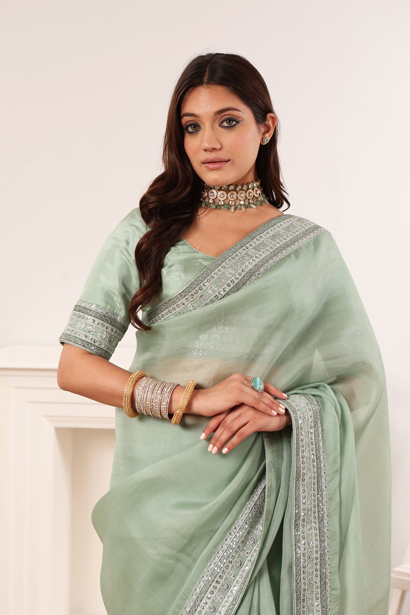 Fern-Green Embroidered Pure Silk-Organza Saree-Blouse Set