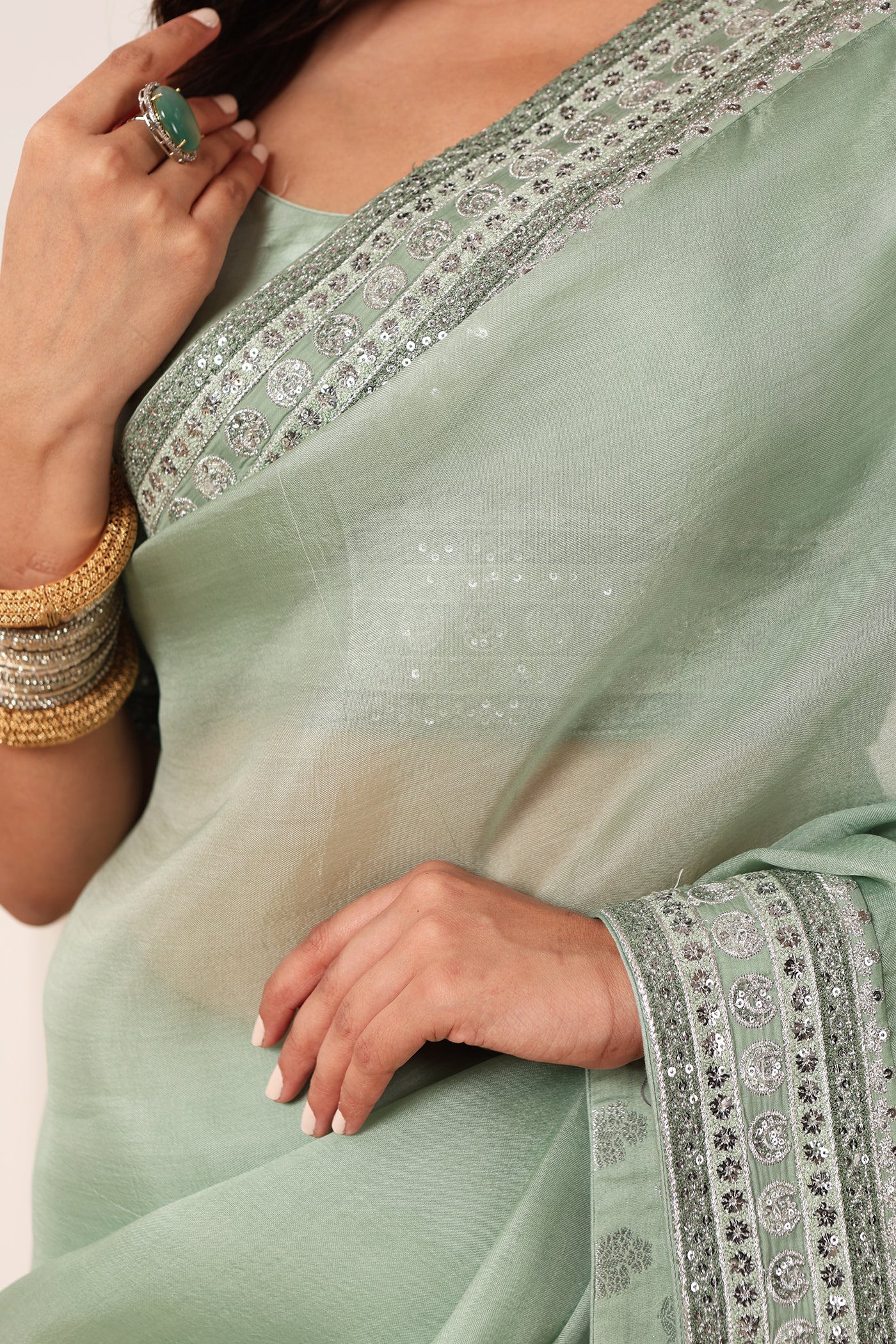 Fern-Green Embroidered Pure Silk-Organza Saree-Blouse Set