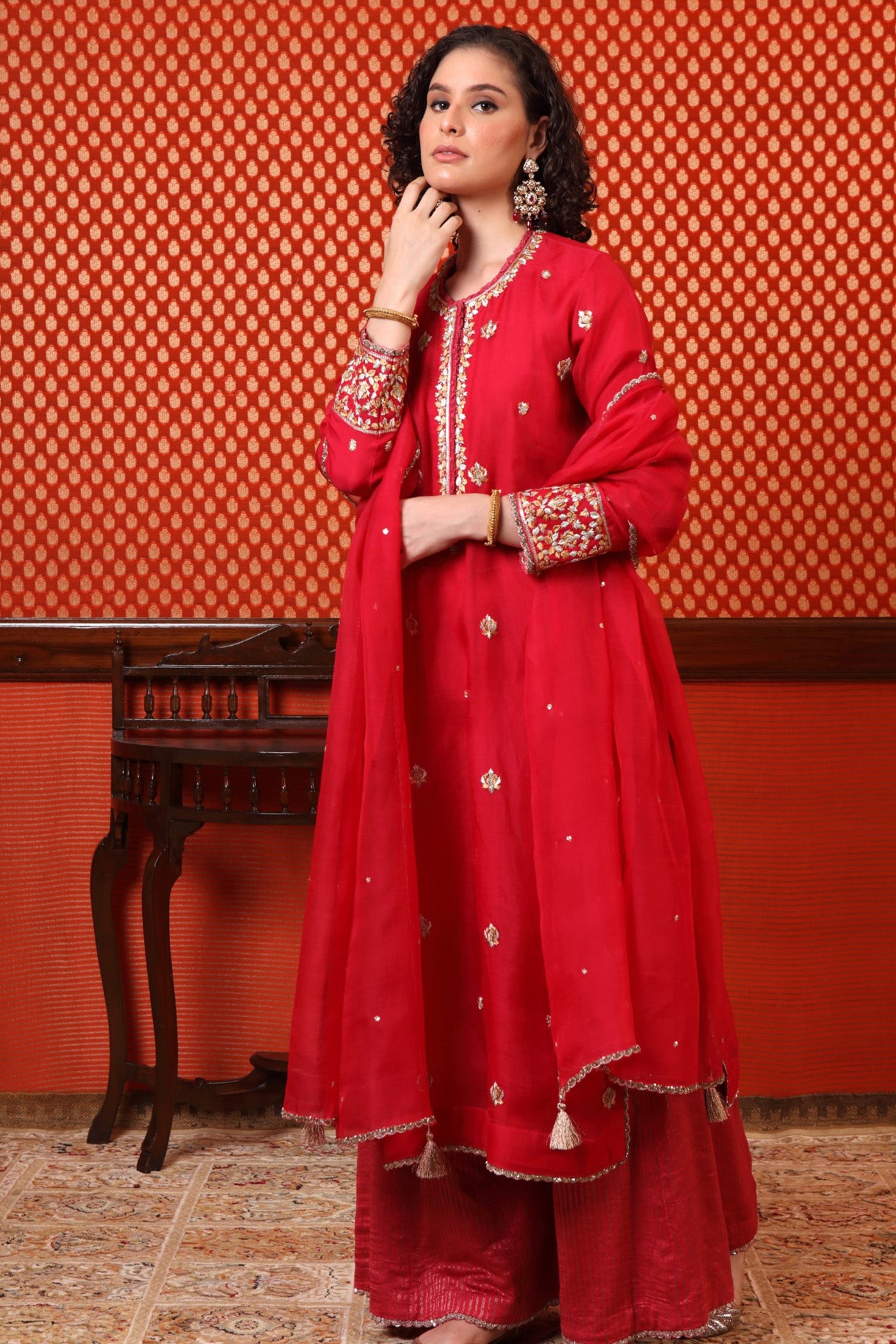 Hand Embroidered Rani Pink Pure Katan Silk Kurta Palazzo Set