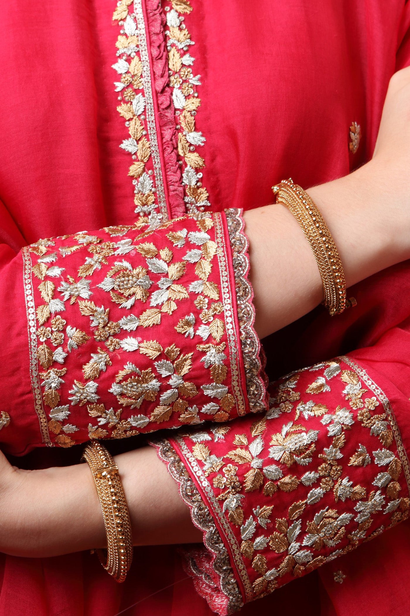 Hand Embroidered Rani Pink Pure Katan Silk Kurta Palazzo Set