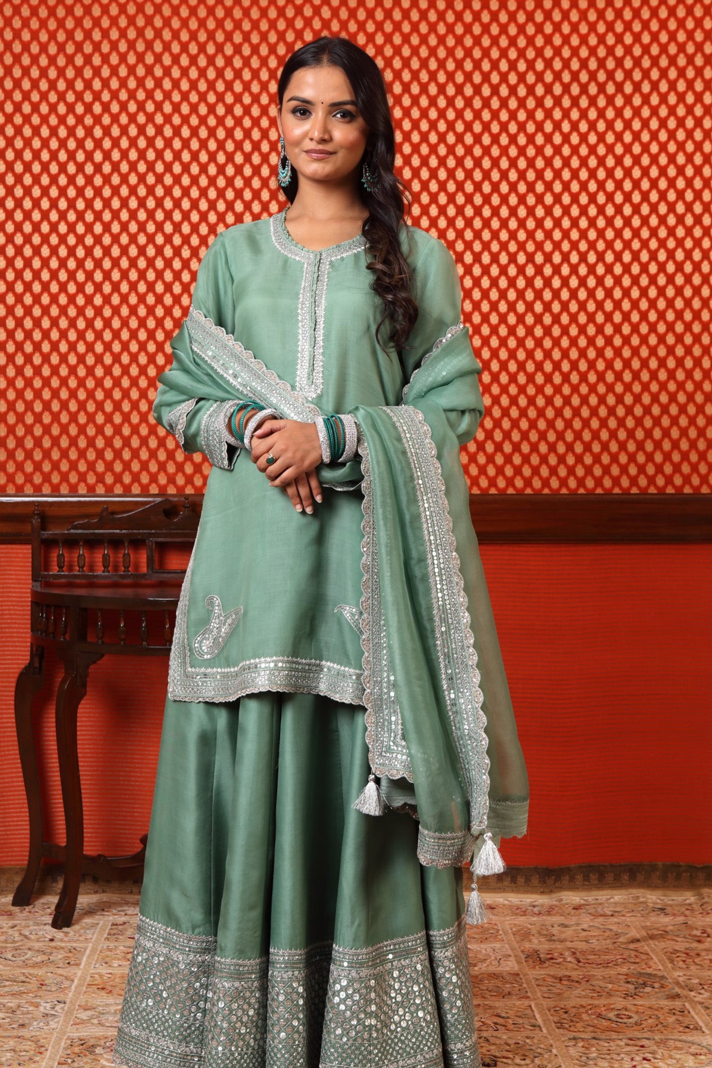 Hand Embroidered Smoke Green Pure Katan Silk Short Kurta Sharara Set