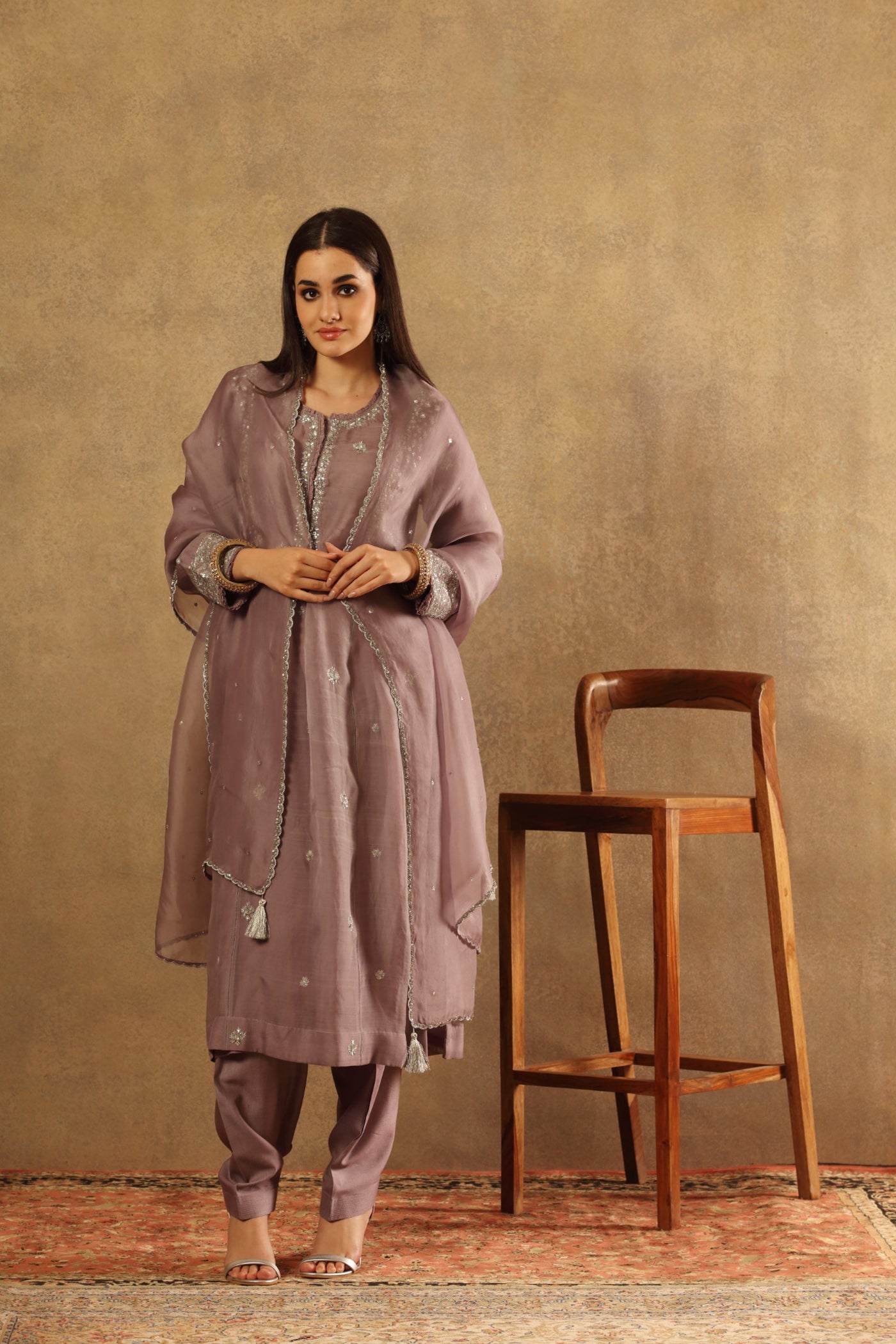 Hand Embroidered Ash Lavender Pure Katan Silk Kurta Salwar Set