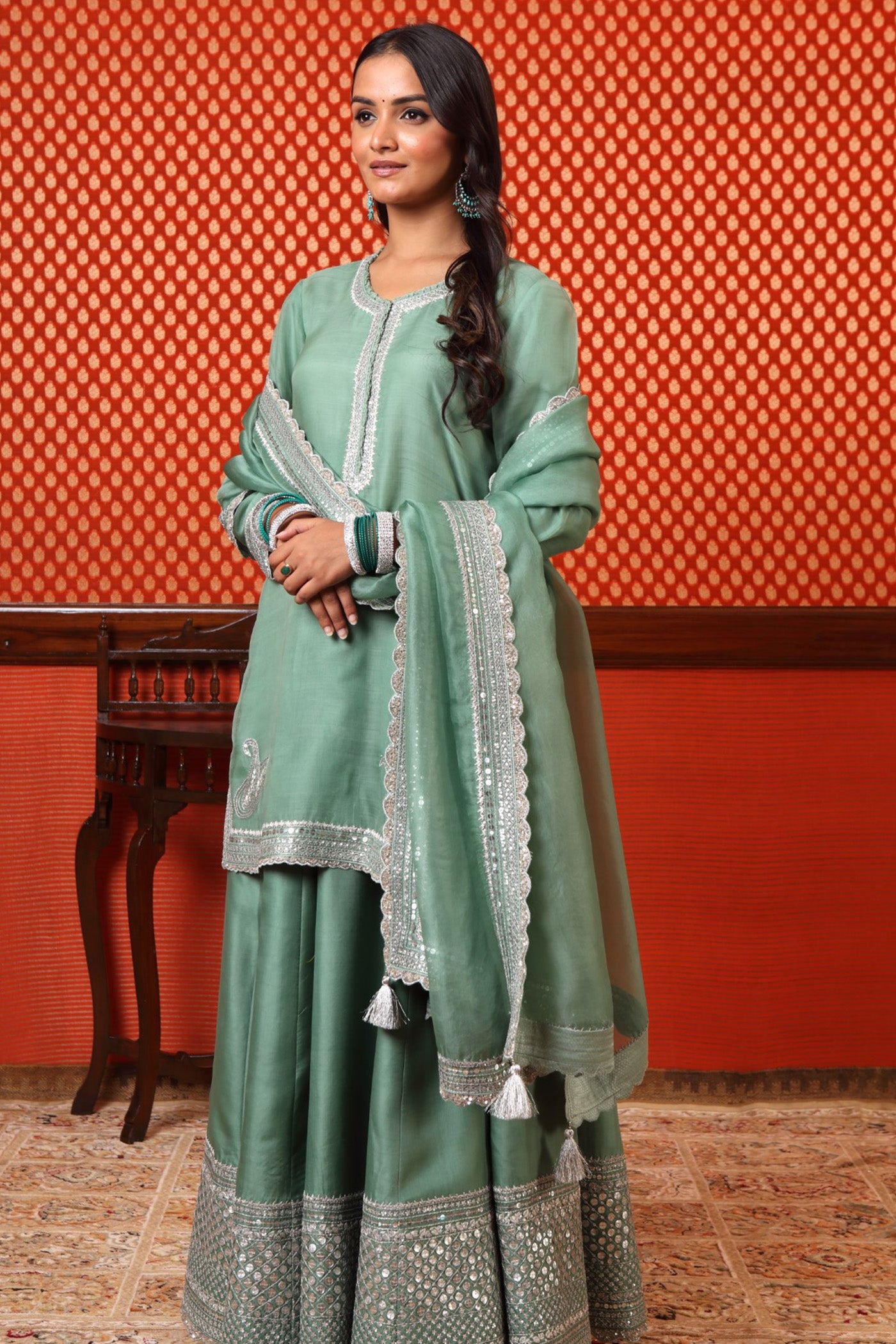 Hand Embroidered Smoke Green Pure Katan Silk Short Kurta Sharara Set