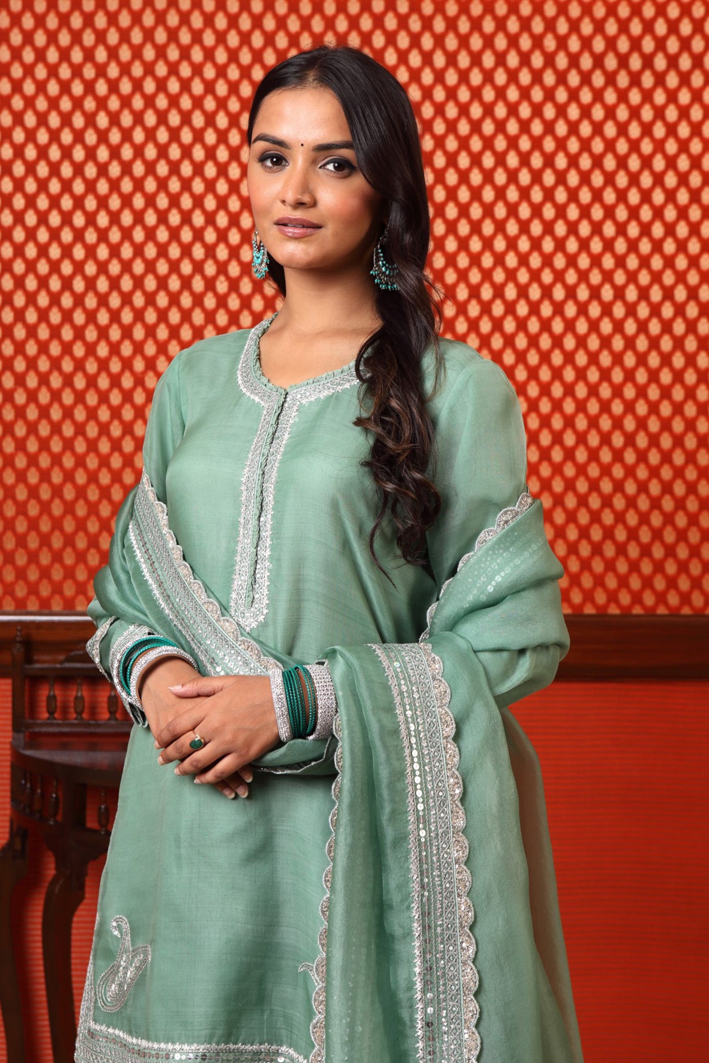 Hand Embroidered Smoke Green Pure Katan Silk Short Kurta Sharara Set