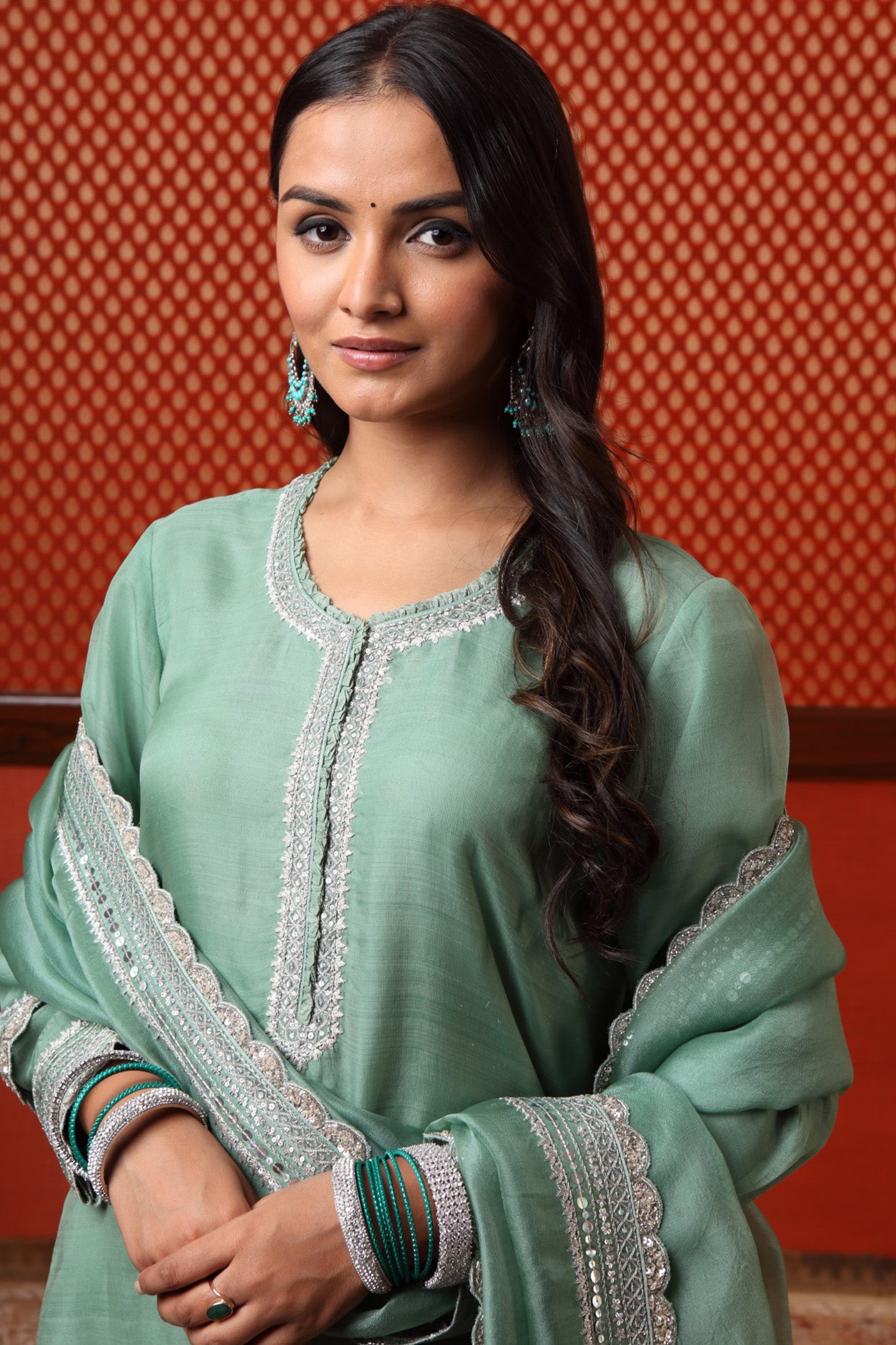 Hand Embroidered Fern Green Short Kurta Sharara Set