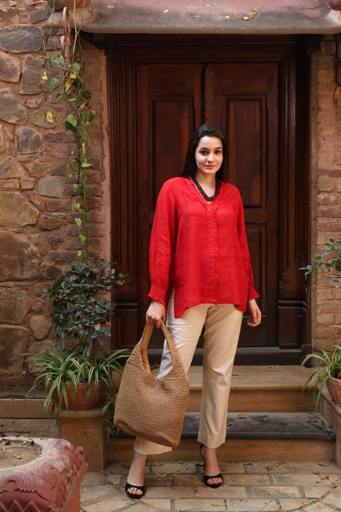 Tomato-Red Pure Linen Front-Open Short Blouse With Frilled Nekline & Smocked Cuffs