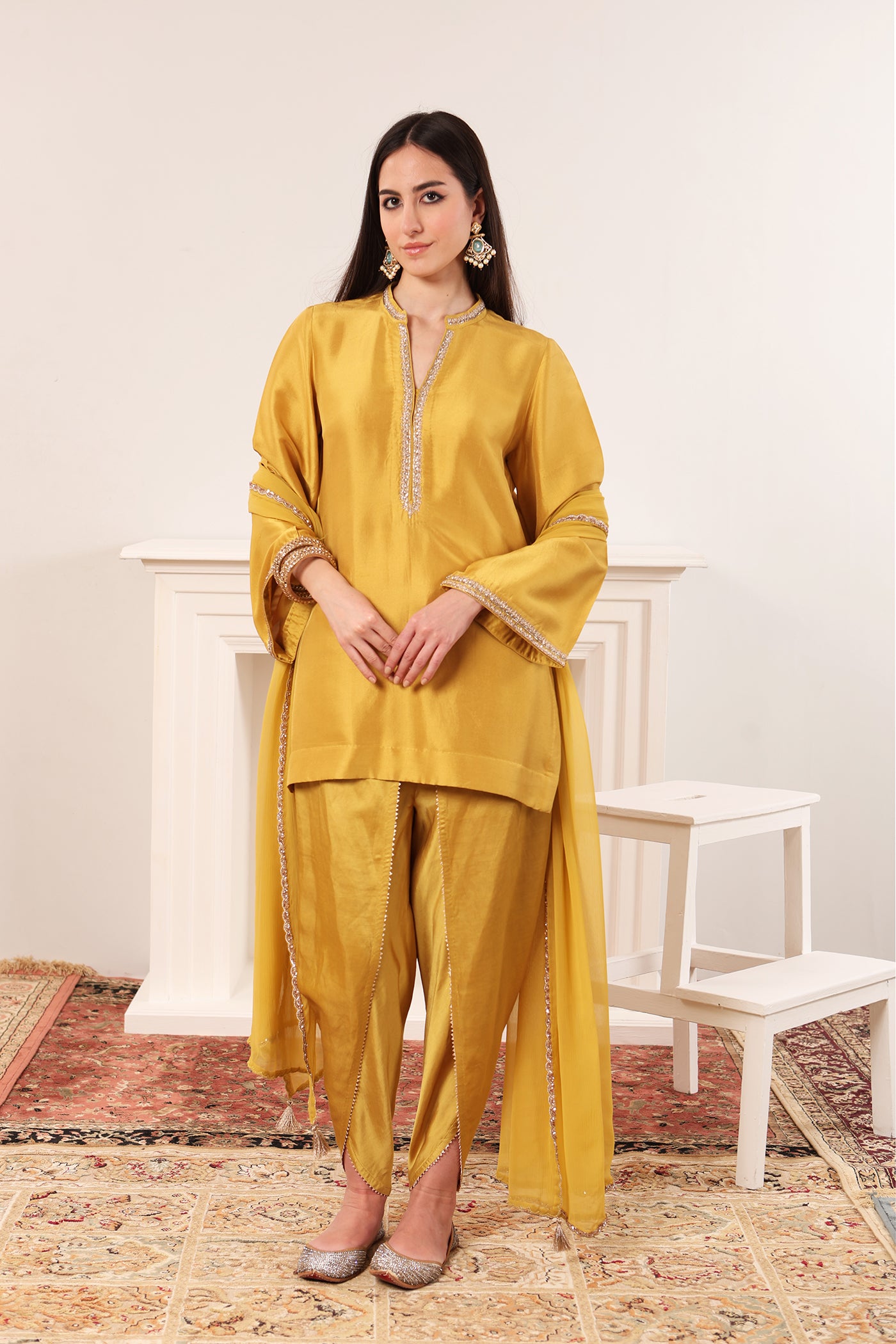 LIME-YELLOW HAND-EMBROIDERED PURE RAW-SILK SHORT KURTA-TULIP PANTS SET