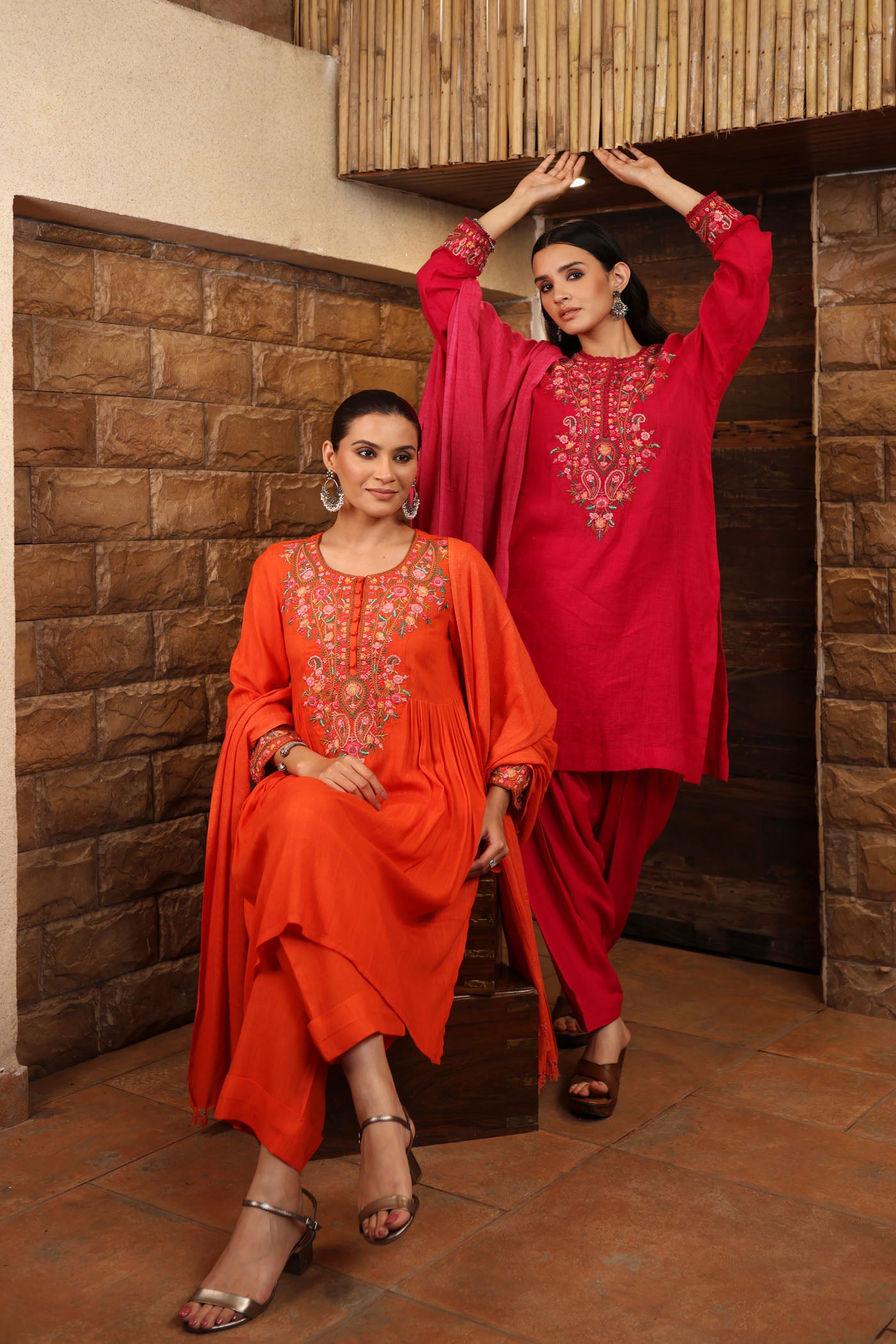 Red-Orange Pure Linen Short-Kurta Salwar Set With Multicoloured Thread Embroidery