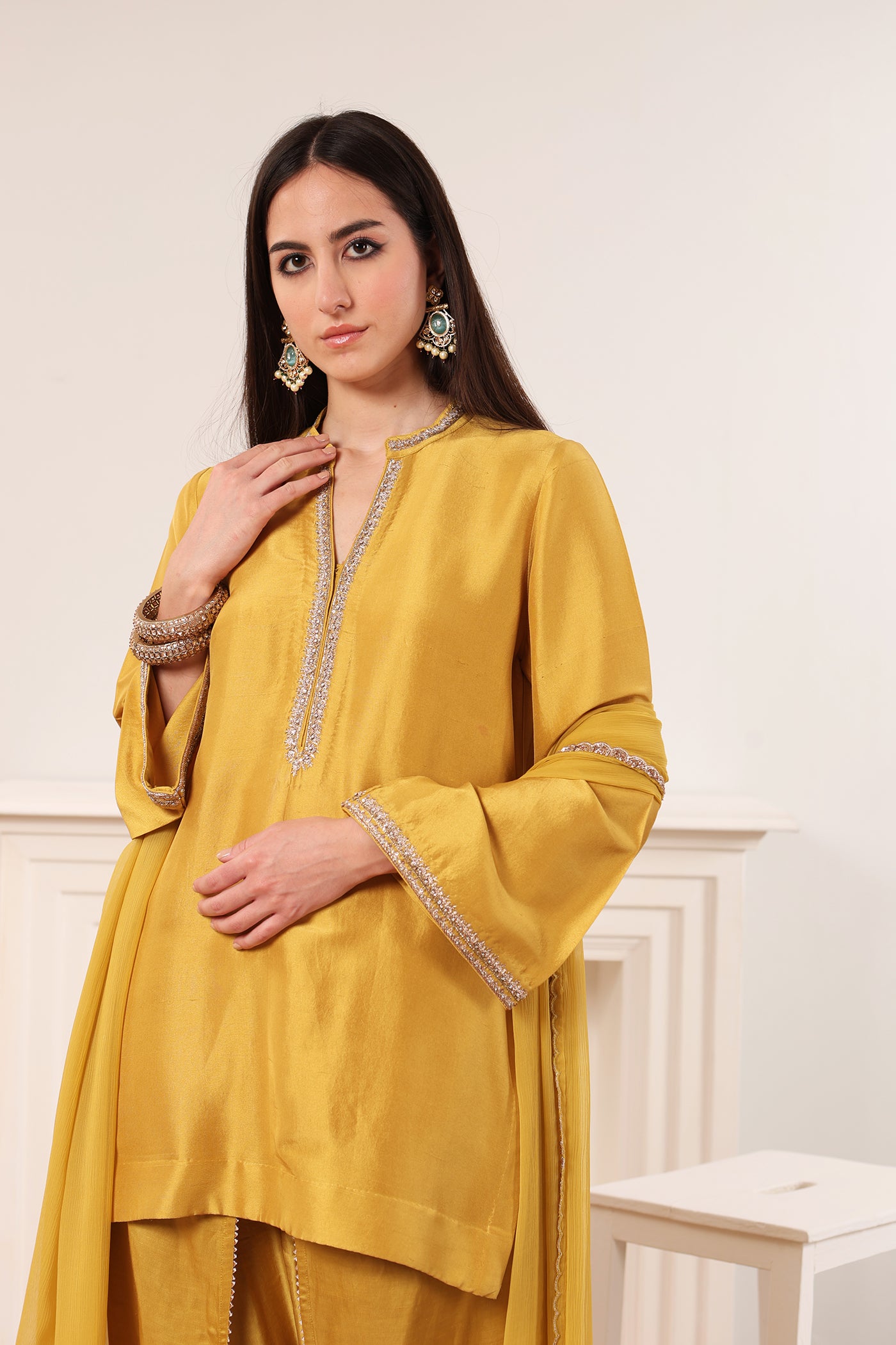 LIME-YELLOW HAND-EMBROIDERED PURE RAW-SILK SHORT KURTA-TULIP PANTS SET